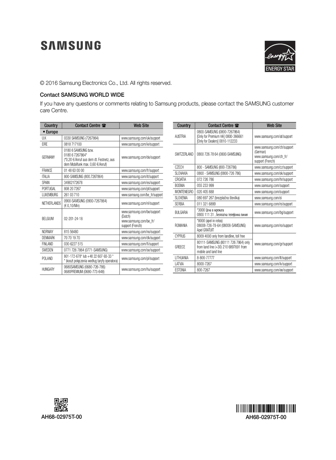 Samsung HW-J6000R/EN, HW-J6001R/EN, HW-J6001R/ZF, HW-J6000R/ZF AH68-02975T-00, Country Contact Centre  Web Site ` Europe 