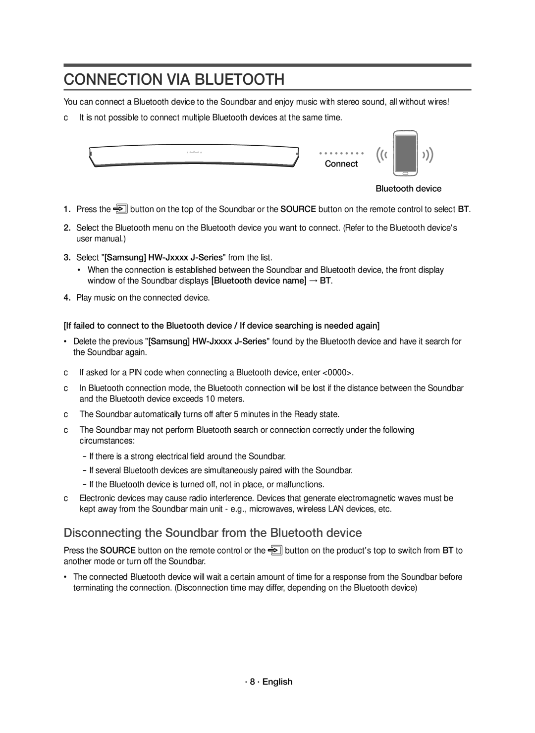 Samsung HW-J6001R/EN manual Connection VIA Bluetooth, Disconnecting the Soundbar from the Bluetooth device, · 8 · English 