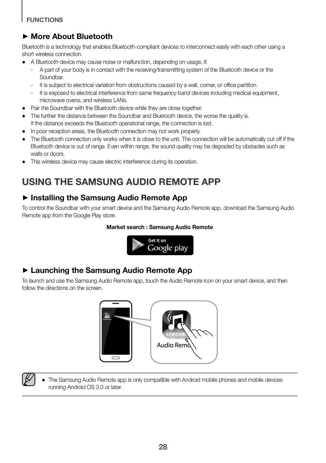 Samsung HW-J6001R/UM ++More About Bluetooth, ++Launching the Samsung Audio Remote App, Market search Samsung Audio Remote 