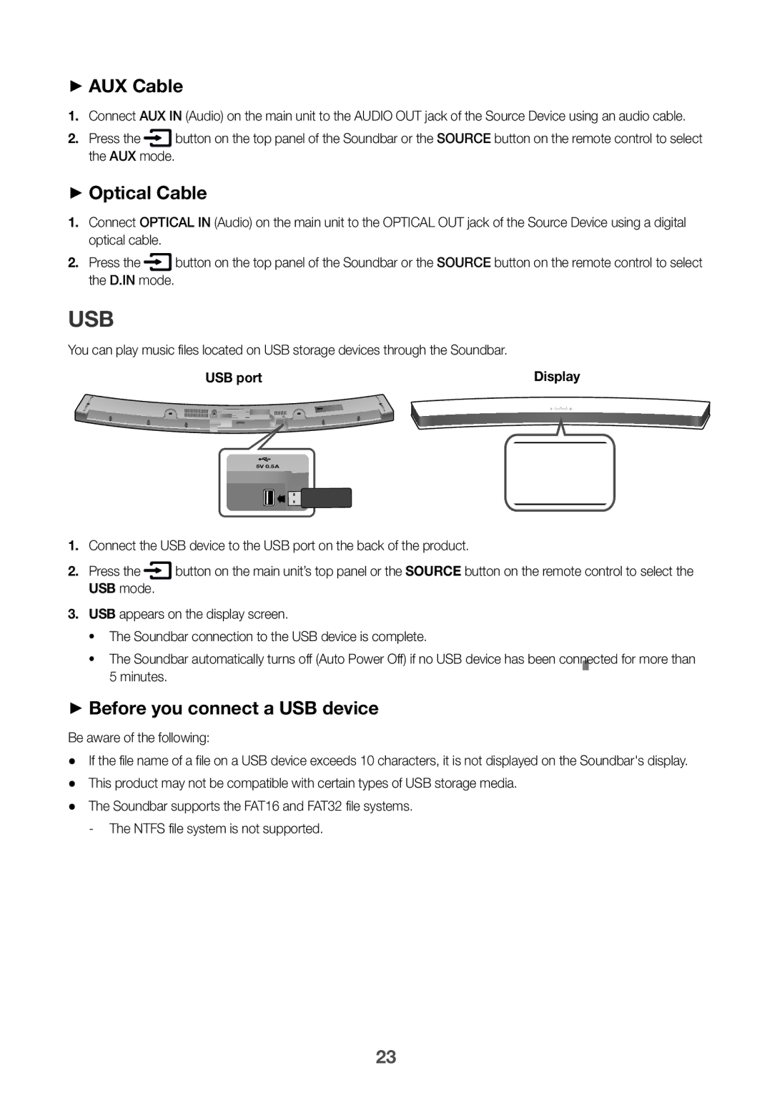 Samsung HW-J6001R/SQ ++AUX Cable, ++Optical Cable, ++Before you connect a USB device, USB port, Be aware of the following 