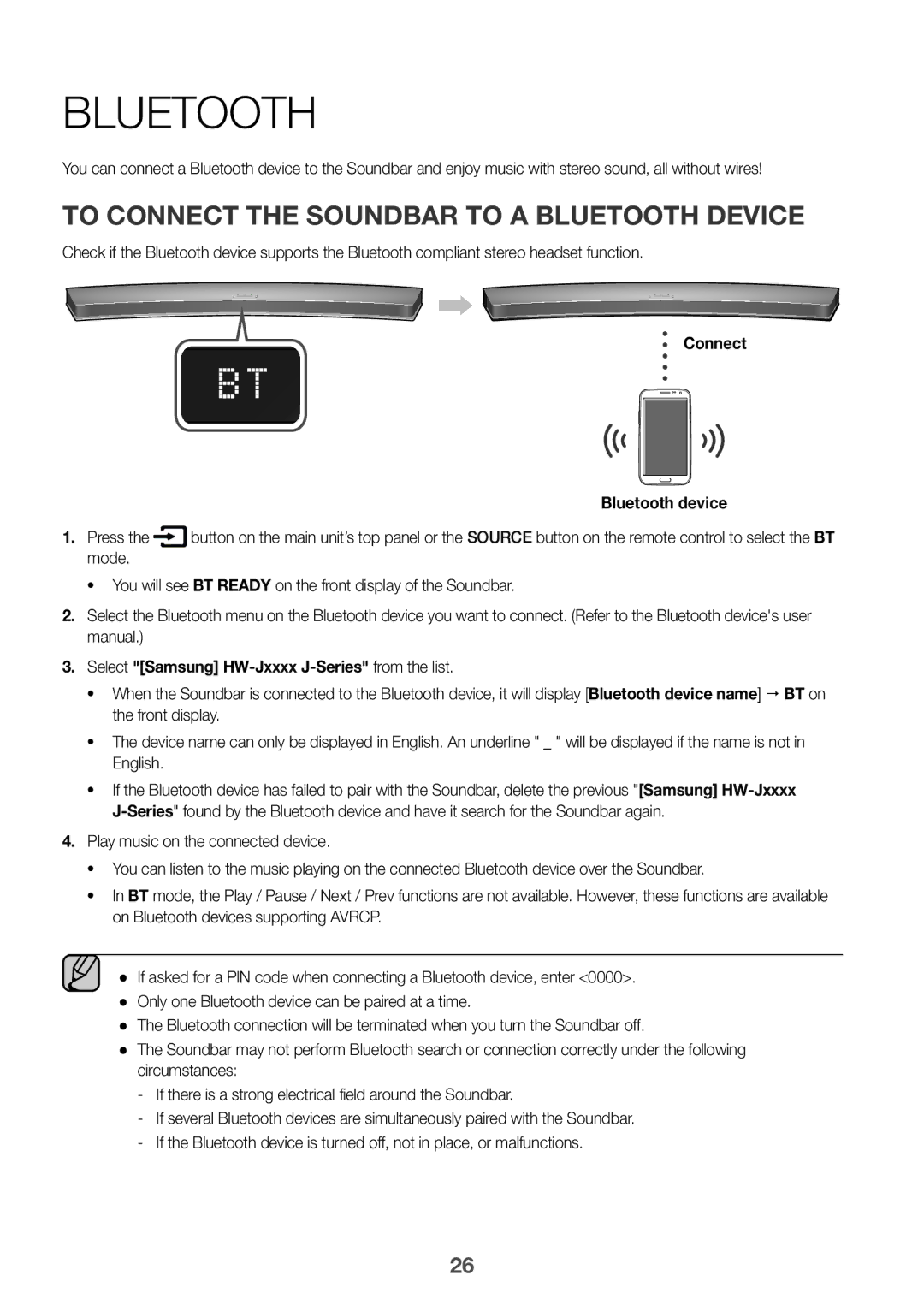 Samsung HW-J6001R/UM, HW-J6001R/SQ To connect the Soundbar to a Bluetooth device, Connect Bluetooth device Press, Mode 