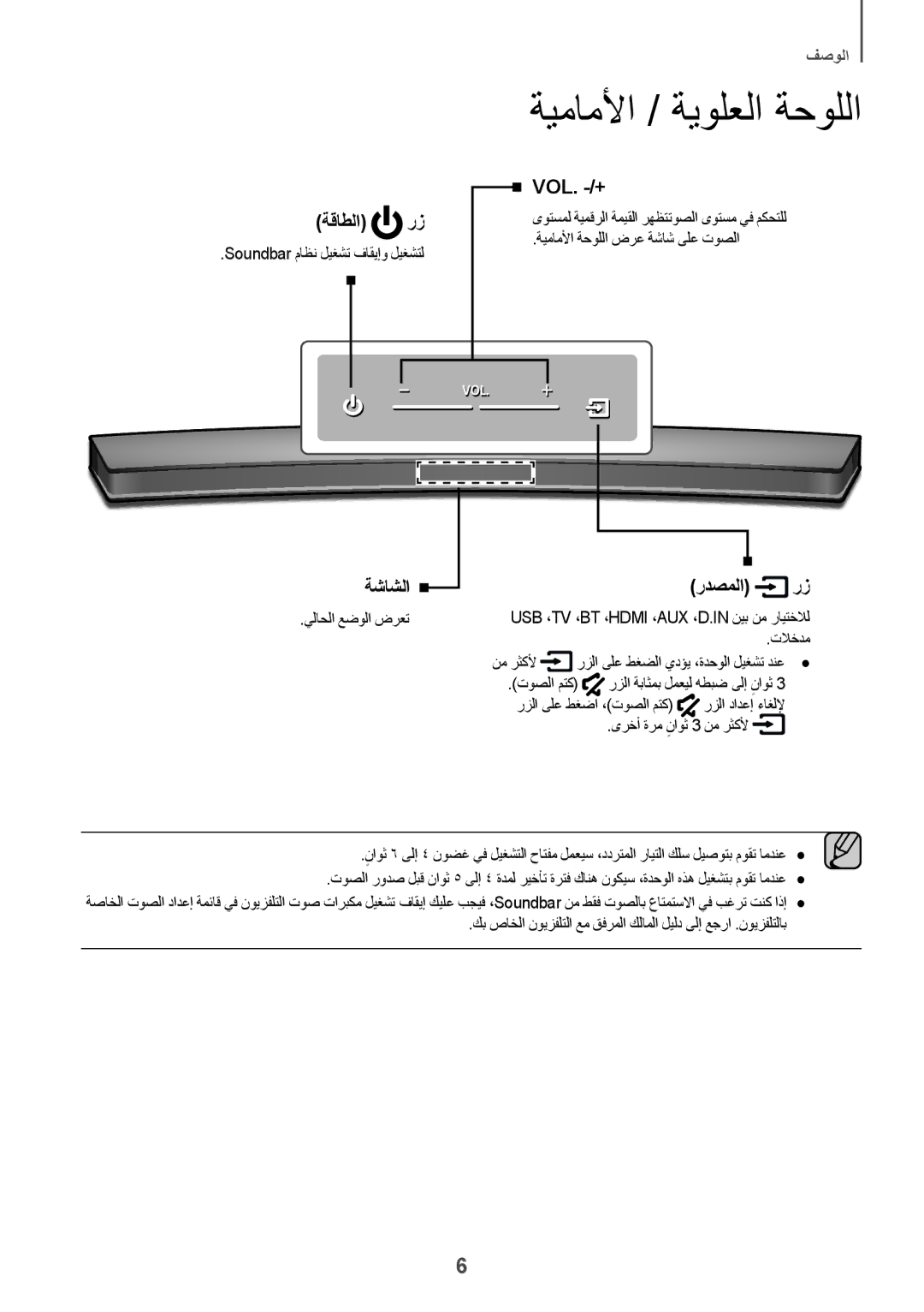 Samsung HW-J6001R/UM manual ةيماملأا / ةيولعلا ةحوللا, Soundbar ماظن ليغشت فاقيإو ليغشتل, يلاحلا عضولا ضرعت, توصلا متك 