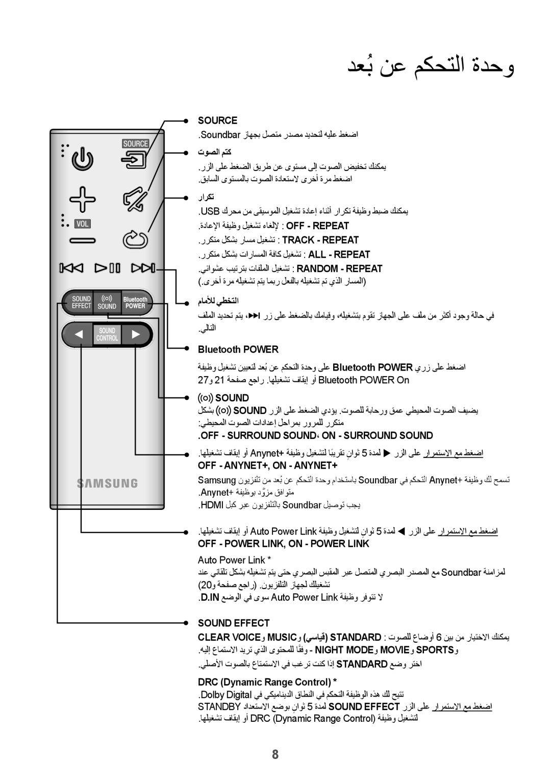 Samsung HW-J6001R/UM, HW-J6001R/SQ manual دعبُنع مكحتلا ةدحو, توصلا متك, راركت, ماملأل يطختلا, DRC Dynamic Range Control 