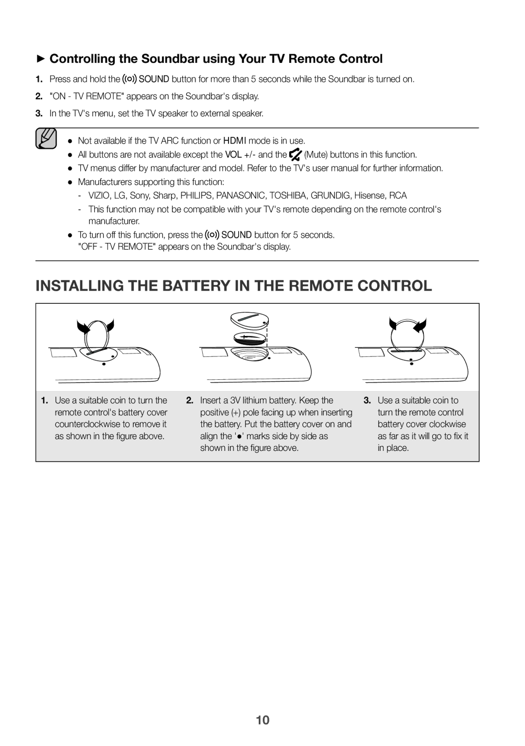 Samsung HW-J6001R/UM Installing the Battery in the Remote Control, ++Controlling the Soundbar using Your TV Remote Control 