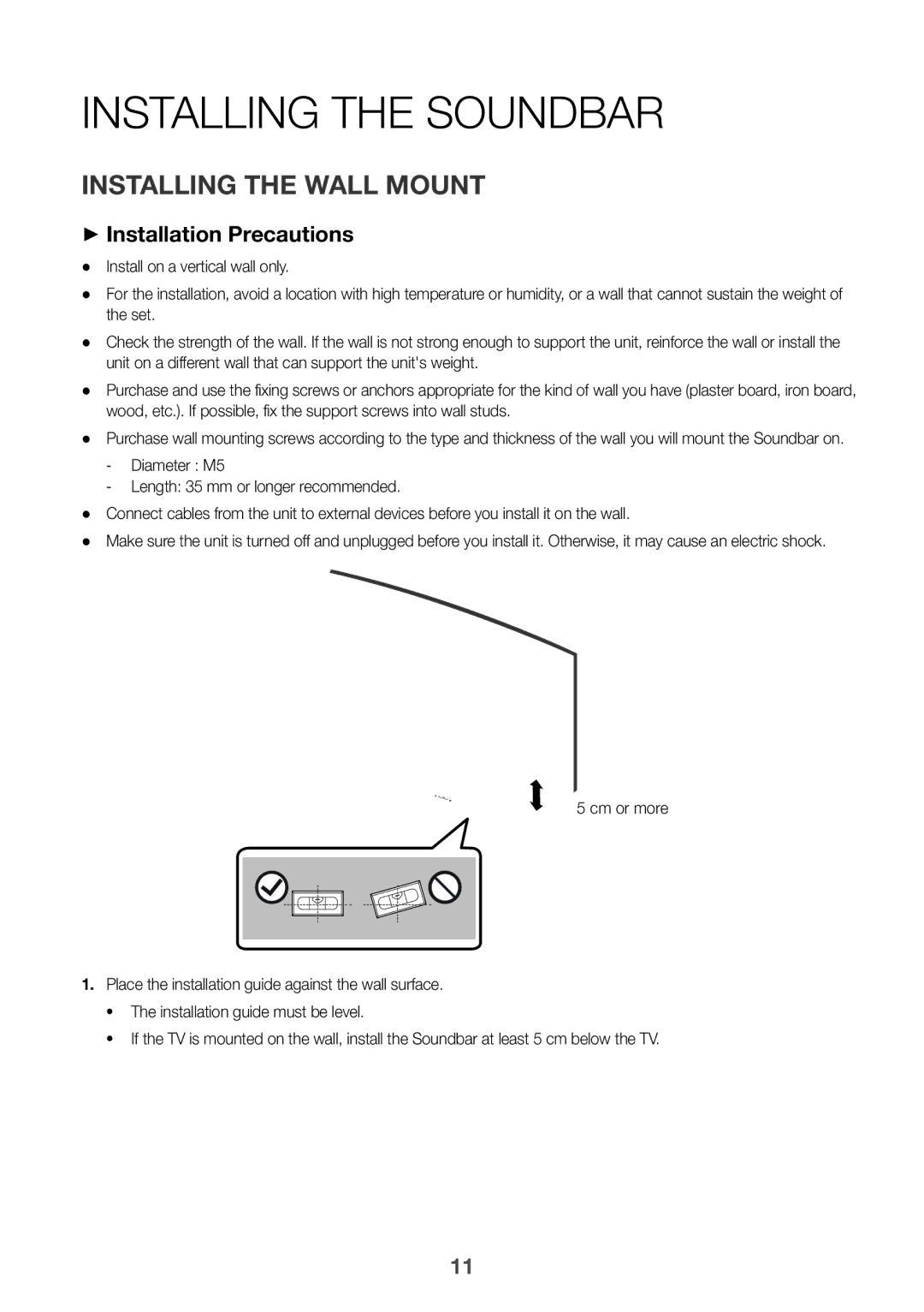 Samsung HW-J6001R/SQ, HW-J6001R/UM manual Installing the Soundbar, Installing the Wall Mount, ++Installation Precautions 