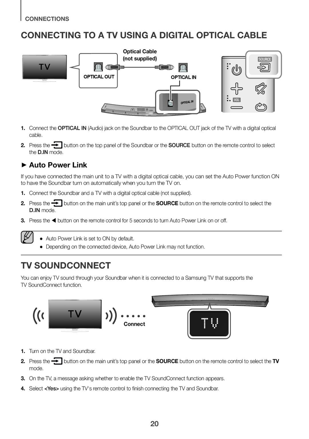 Samsung HW-J6001R/UM, HW-J6001R/SQ Connecting to a TV Using a Digital Optical Cable, TV SoundConnect, ++Auto Power Link 