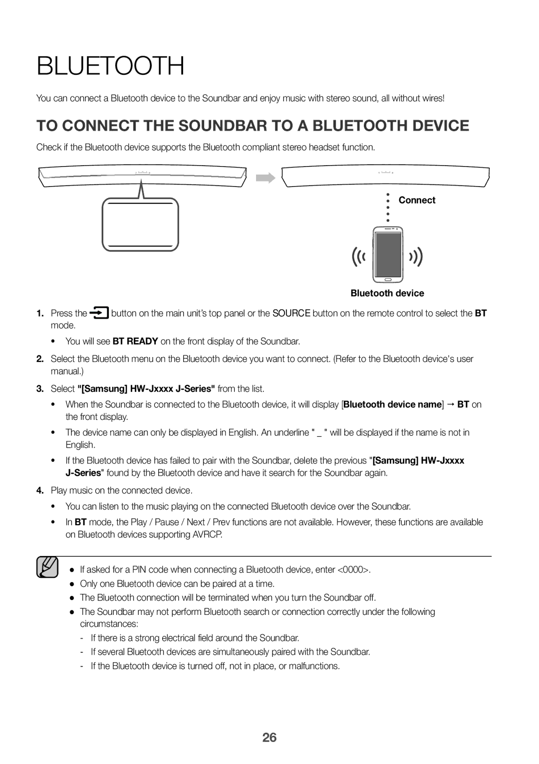 Samsung HW-J6001R/UM, HW-J6001R/SQ To connect the Soundbar to a Bluetooth device, Connect Bluetooth device Press, Mode 