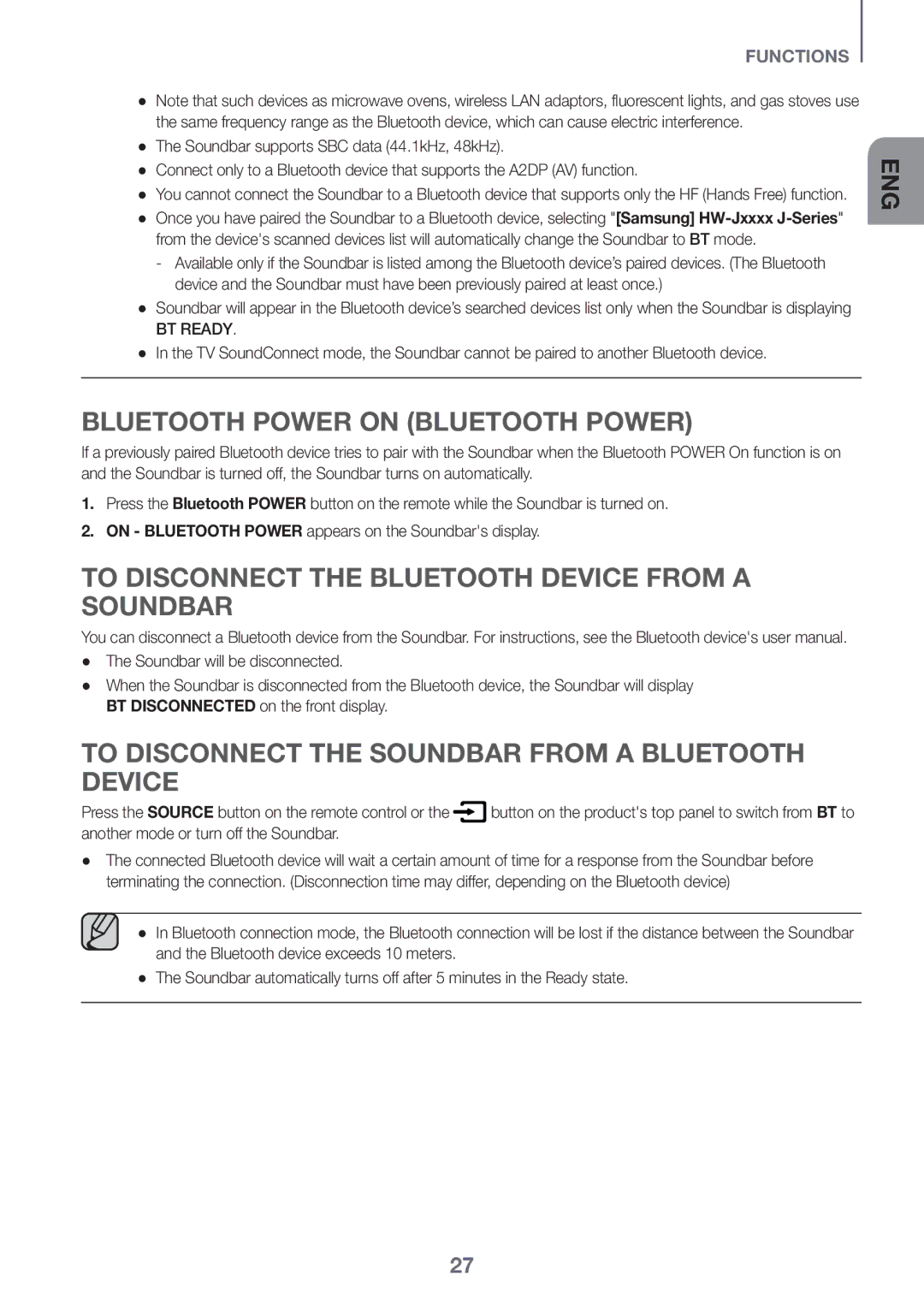 Samsung HW-J6001R/SQ, HW-J6001R/UM Bluetooth Power On Bluetooth Power, To disconnect the Bluetooth device from a Soundbar 