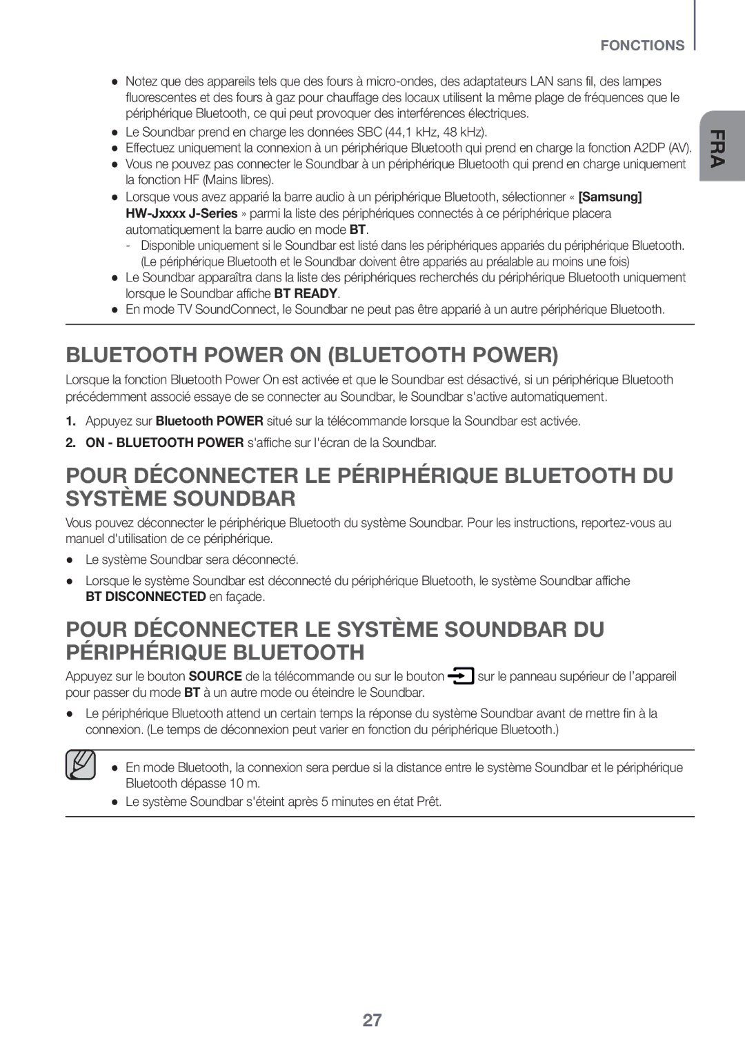 Samsung HW-J6001R/UM Bluetooth Power on Bluetooth Power, Le Soundbar prend en charge les données SBC 44,1 kHz, 48 kHz 