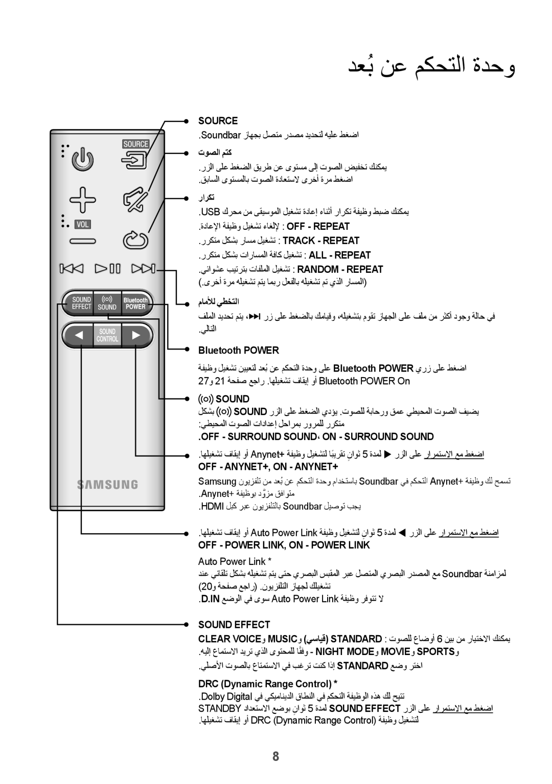 Samsung HW-J6001R/UM, HW-J6001R/SQ manual دعبُنع مكحتلا ةدحو, توصلا متك, راركت, ماملأل يطختلا, DRC Dynamic Range Control 