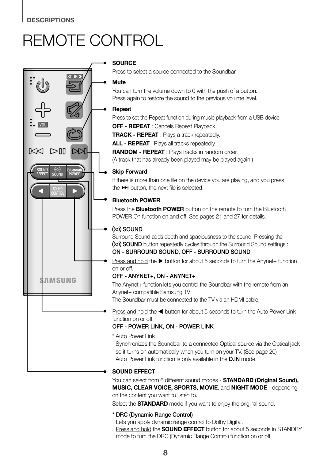 Samsung HW-J6001R/UM, HW-J6001R/SQ manual Remote Control, Mute, Repeat, Skip Forward, Bluetooth Power 