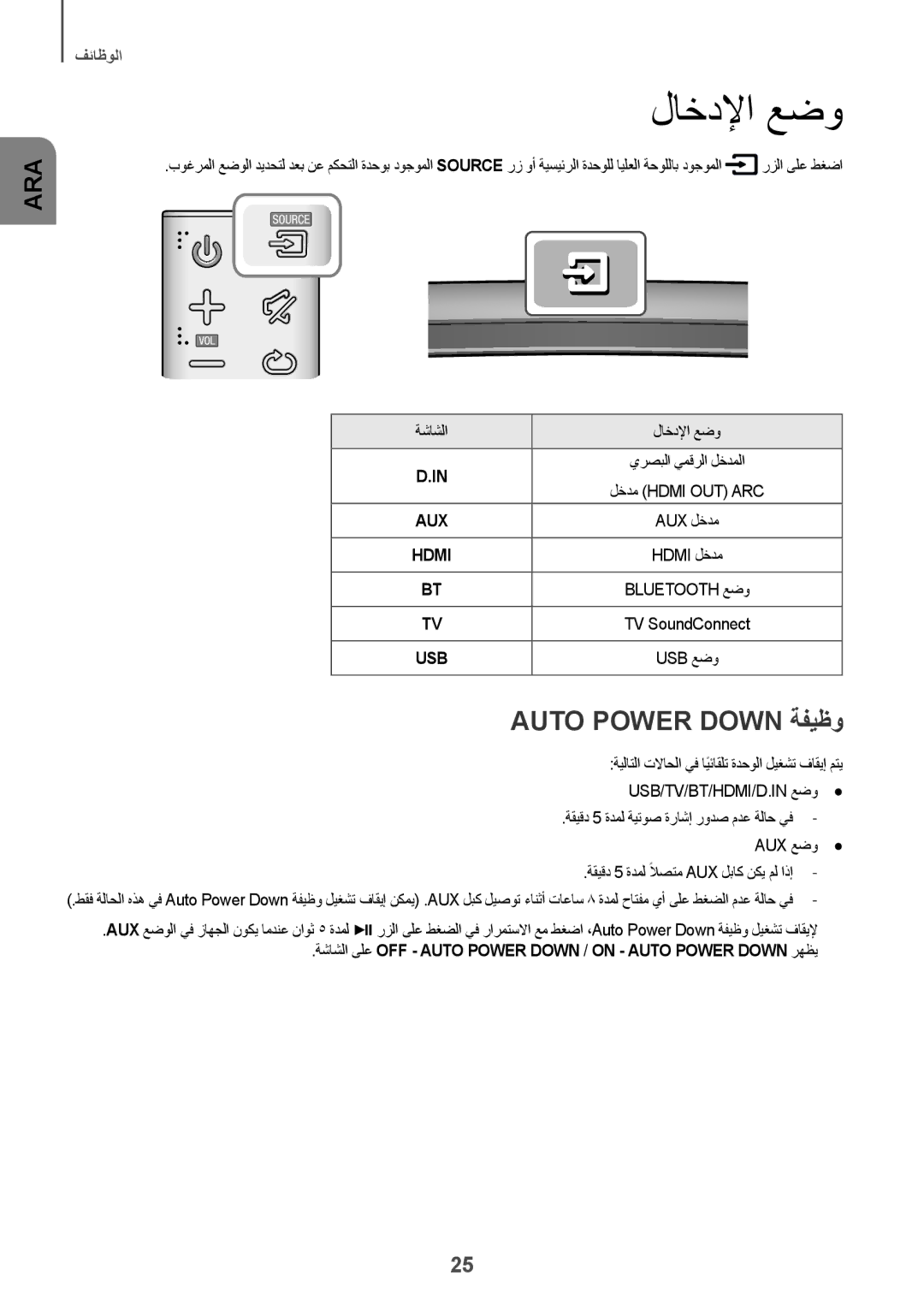 Samsung HW-J6001R/SQ, HW-J6001R/UM manual Auto Power Down ةفيظو, ةشاشلا لاخدلإا عضو 