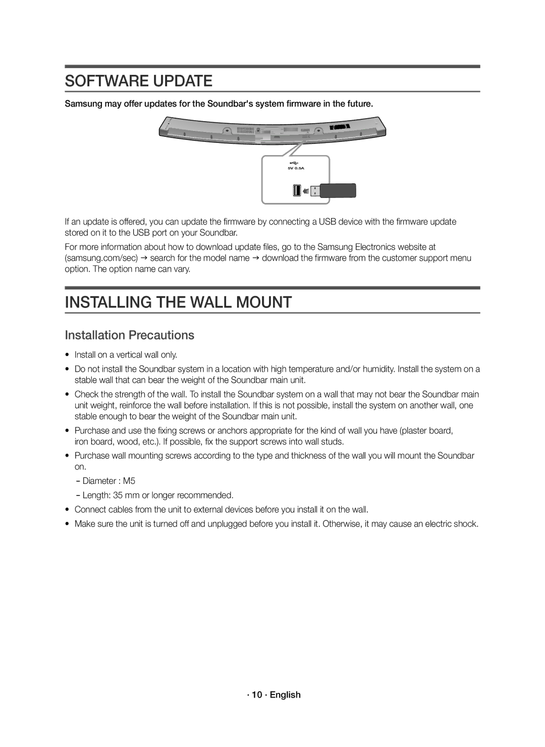 Samsung HW-J6001R/UM manual Software Update, Installing the Wall Mount, Installation Precautions, · 10 · English 