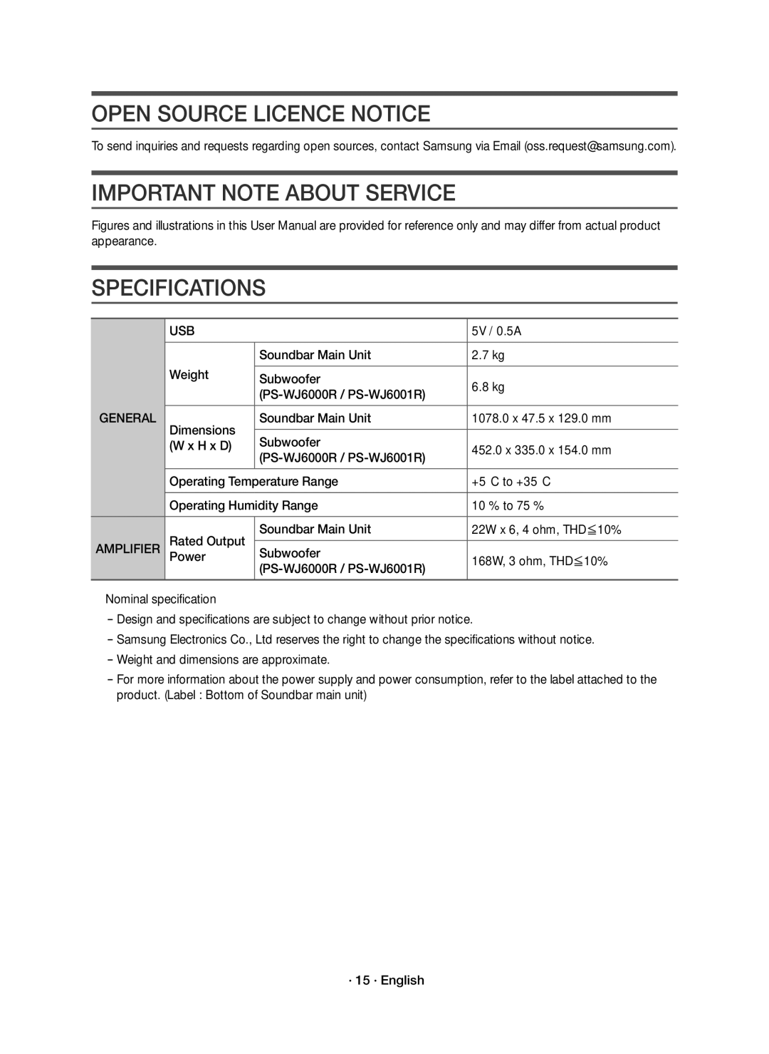 Samsung HW-J6001R/UM manual Open Source Licence Notice, Important Note about Service Specifications, 5V / 0.5A 