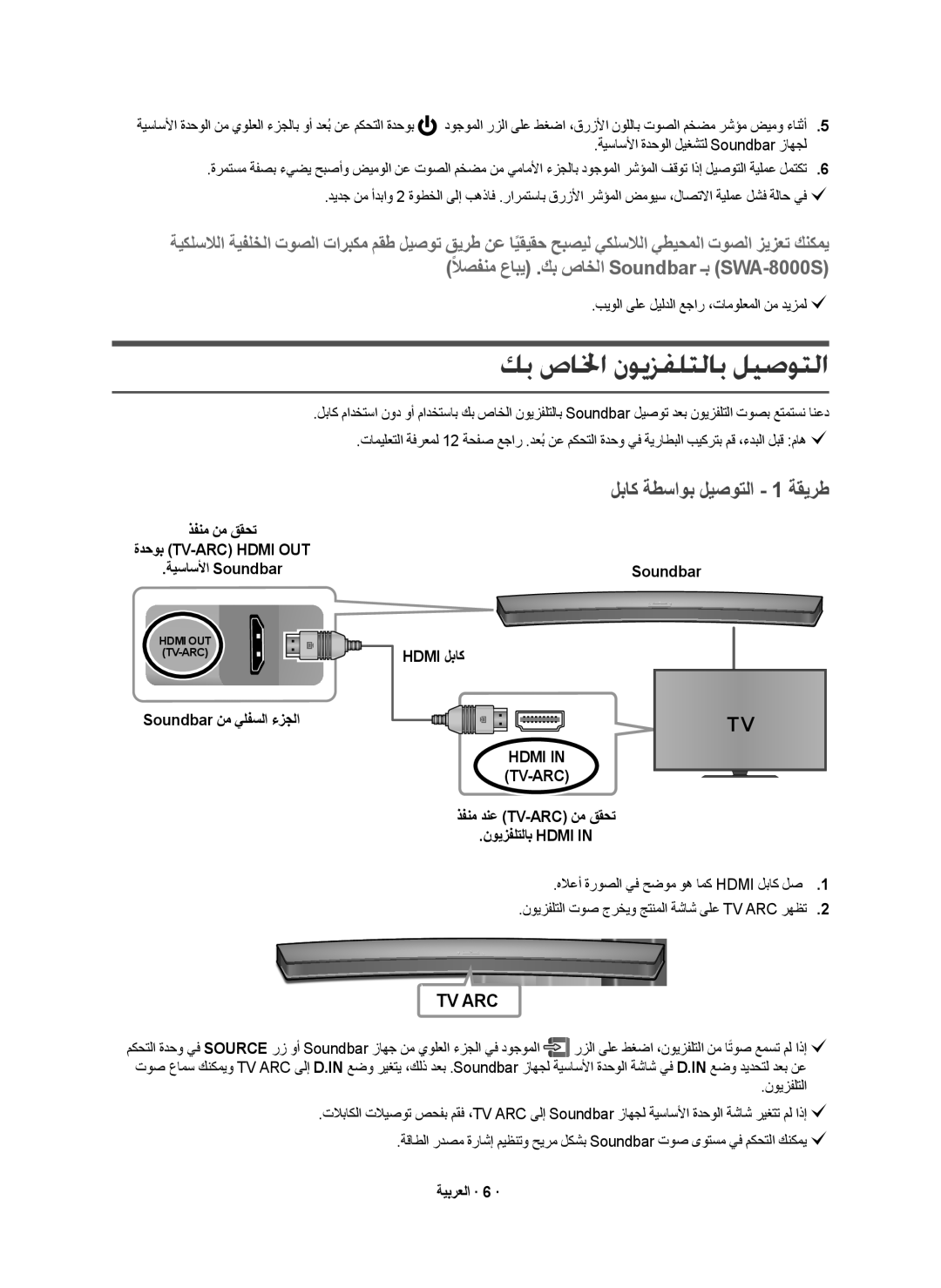 Samsung HW-J6001R/UM manual ﻚﺑ ﺹﺎﳋﺍ ﻥﻮﻳﺰﻔﻠﺘﻟﺎﺑ ﻞﻴﺻﻮﺘﻟﺍ, ﻝﺑﺎﻛ ﺔﻁﺳﺍﻭﺑ ﻝﻳﺻﻭﺗﻟﺍ 1 ﺔﻘﻳﺭﻁ, Hdmi TV-ARC 