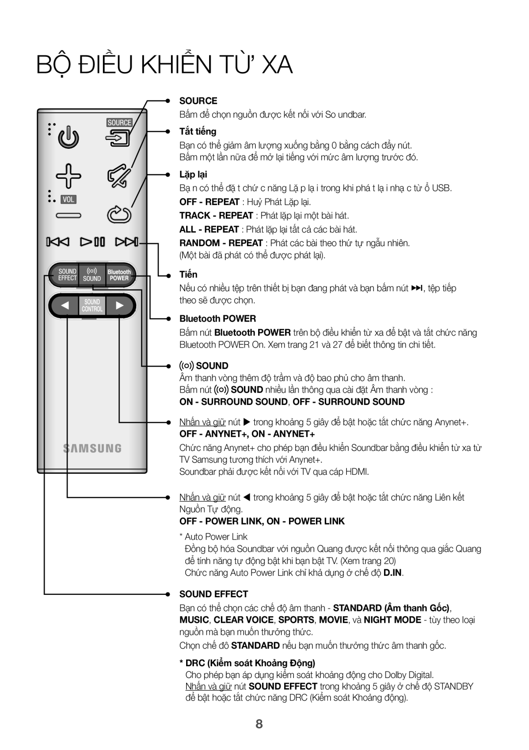 Samsung HW-J6001R/XV manual Bộ điều khiển từ xa, Tắt tiếng, Lặp lại, Tiến, DRC Kiể̉m soát Khoảng Độ̣ng 