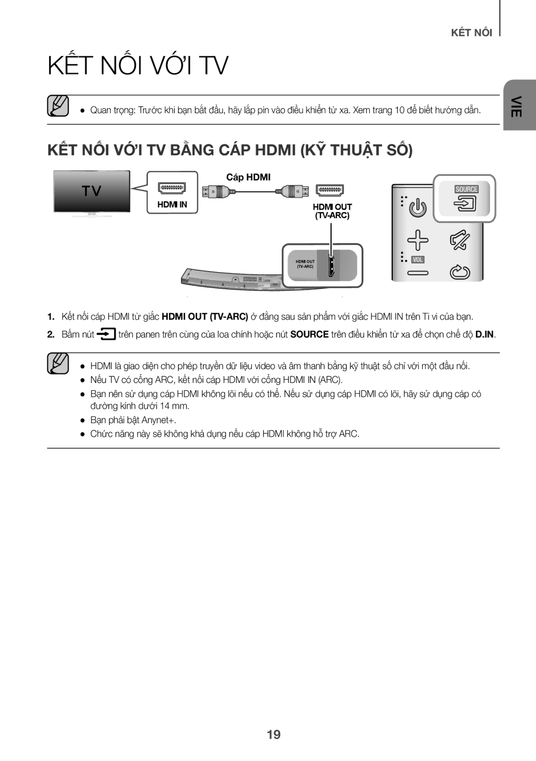 Samsung HW-J6001R/XV manual Kết nối với TV, Kêt nôi với TV bằng Cáp Hdmi Kỹ thuât sô 