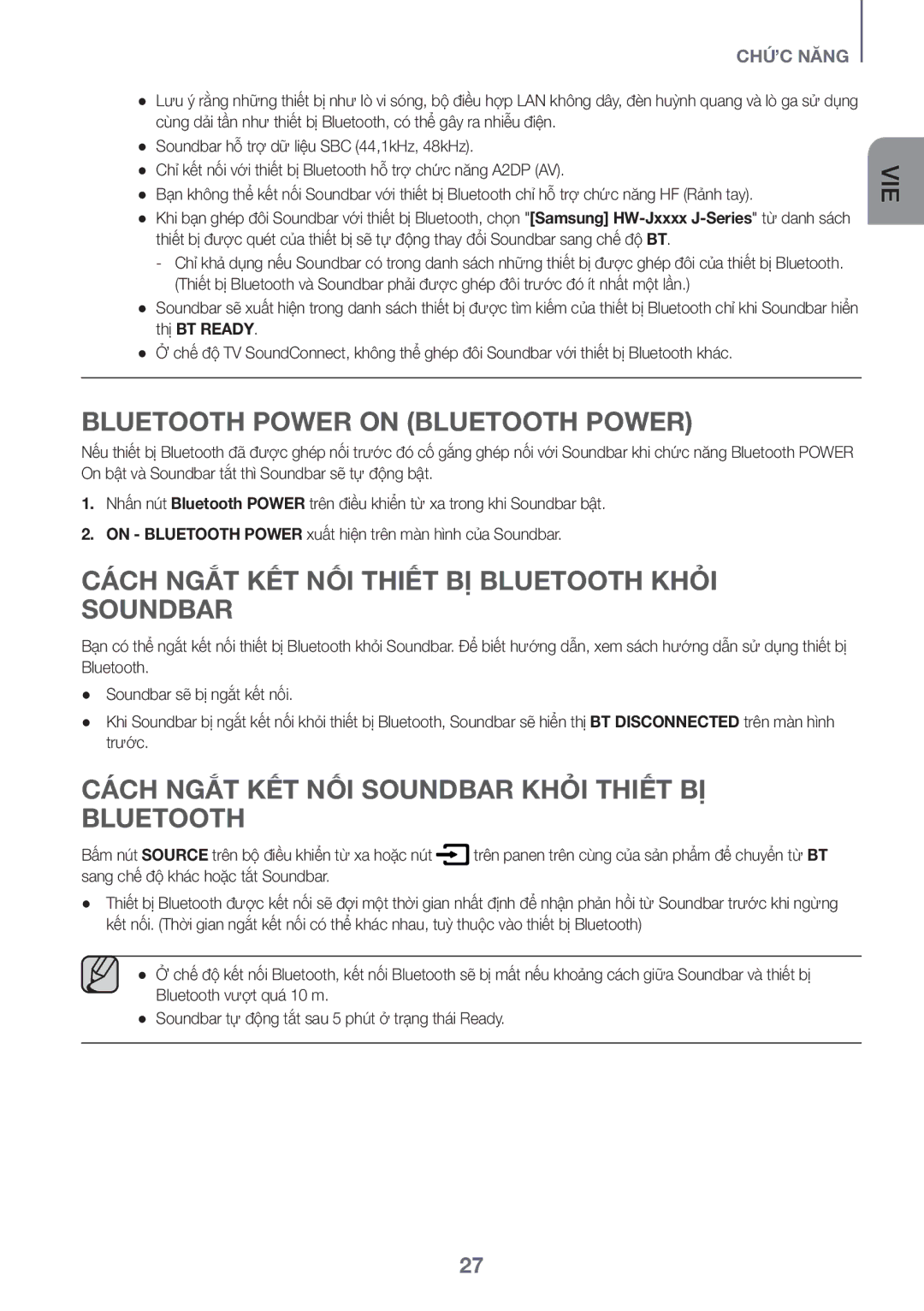 Samsung HW-J6001R/XV manual Bluetooth Power On Bluetooth Power, Cách ngắt kêt nôi thiêt bi Bluetooth khỏi Soundbar 