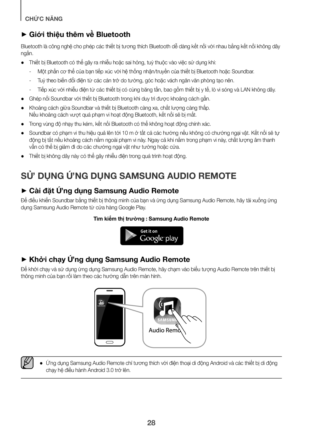 Samsung HW-J6001R/XV manual ++Giới thiệu thêm về Bluetooth, ++Khở̉i chạ̣y Ứ́ng dụ̣ng Samsung Audio Remote 