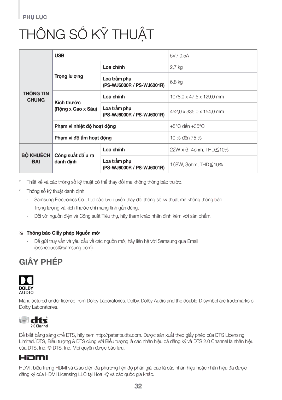 Samsung HW-J6001R/XV manual Thông số kỹ thuật, Giấy Phép 