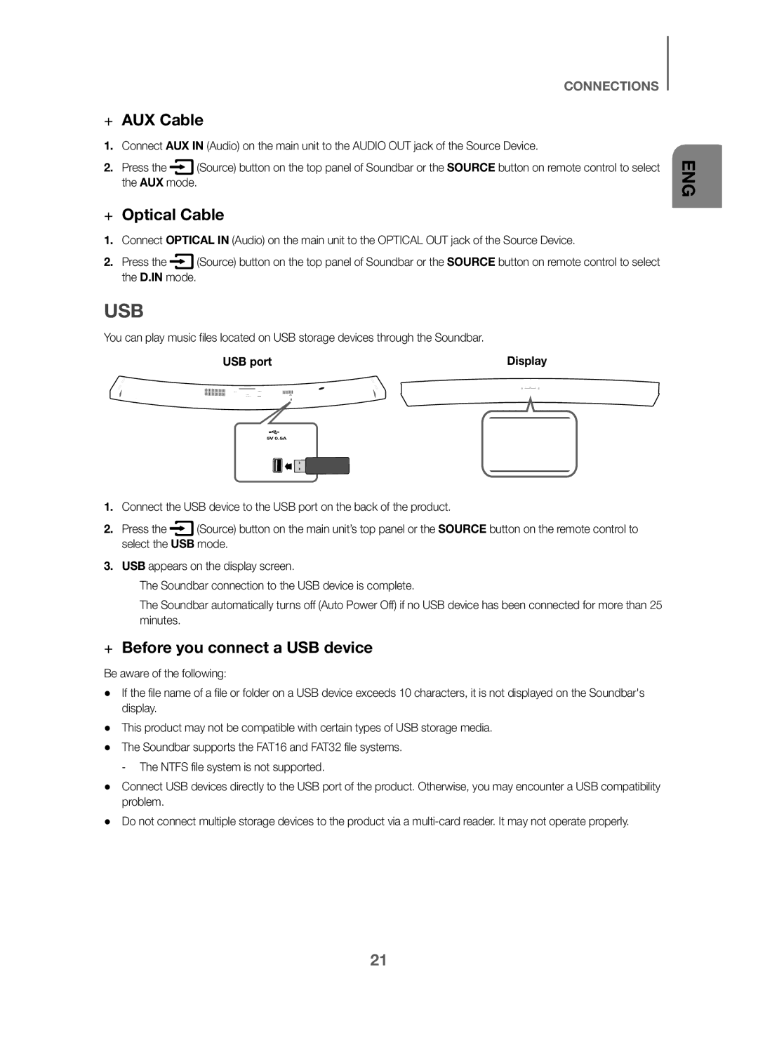 Samsung HW-J6001/SQ manual Usb, + AUX Cable, + Optical Cable, + Before you connect a USB device, USB port 