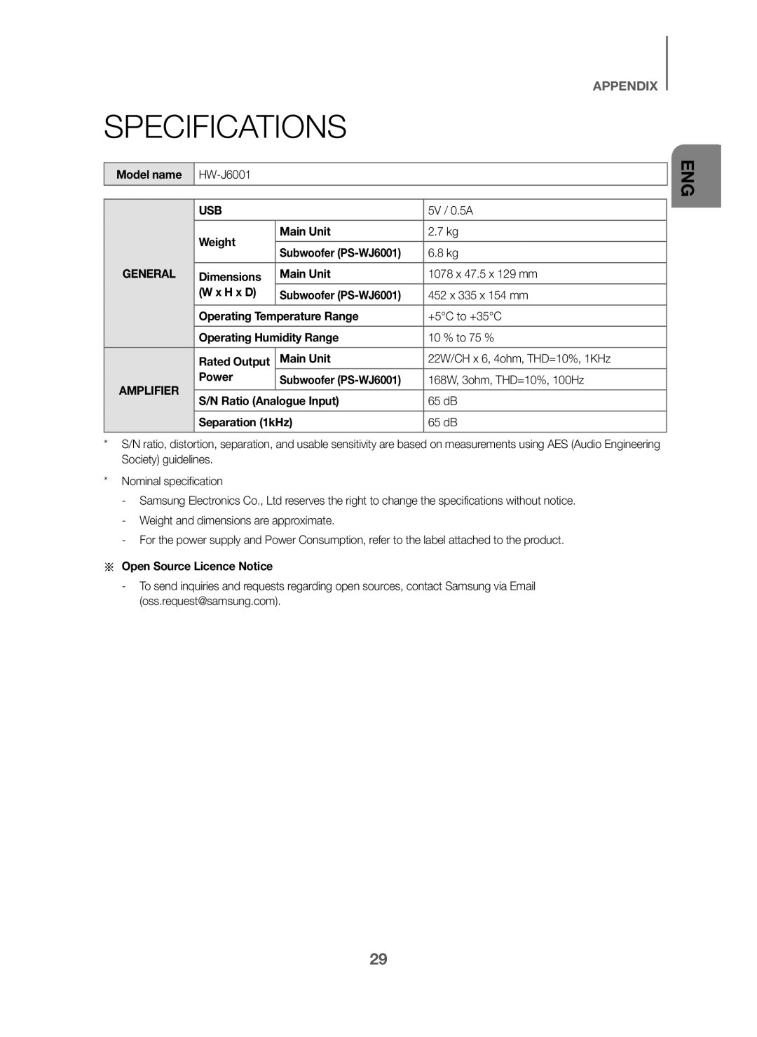 Samsung HW-J6001/SQ manual Specifications, Model name HW-J6001, 5V / 0.5A, Weight Main Unit, Open Source Licence Notice 