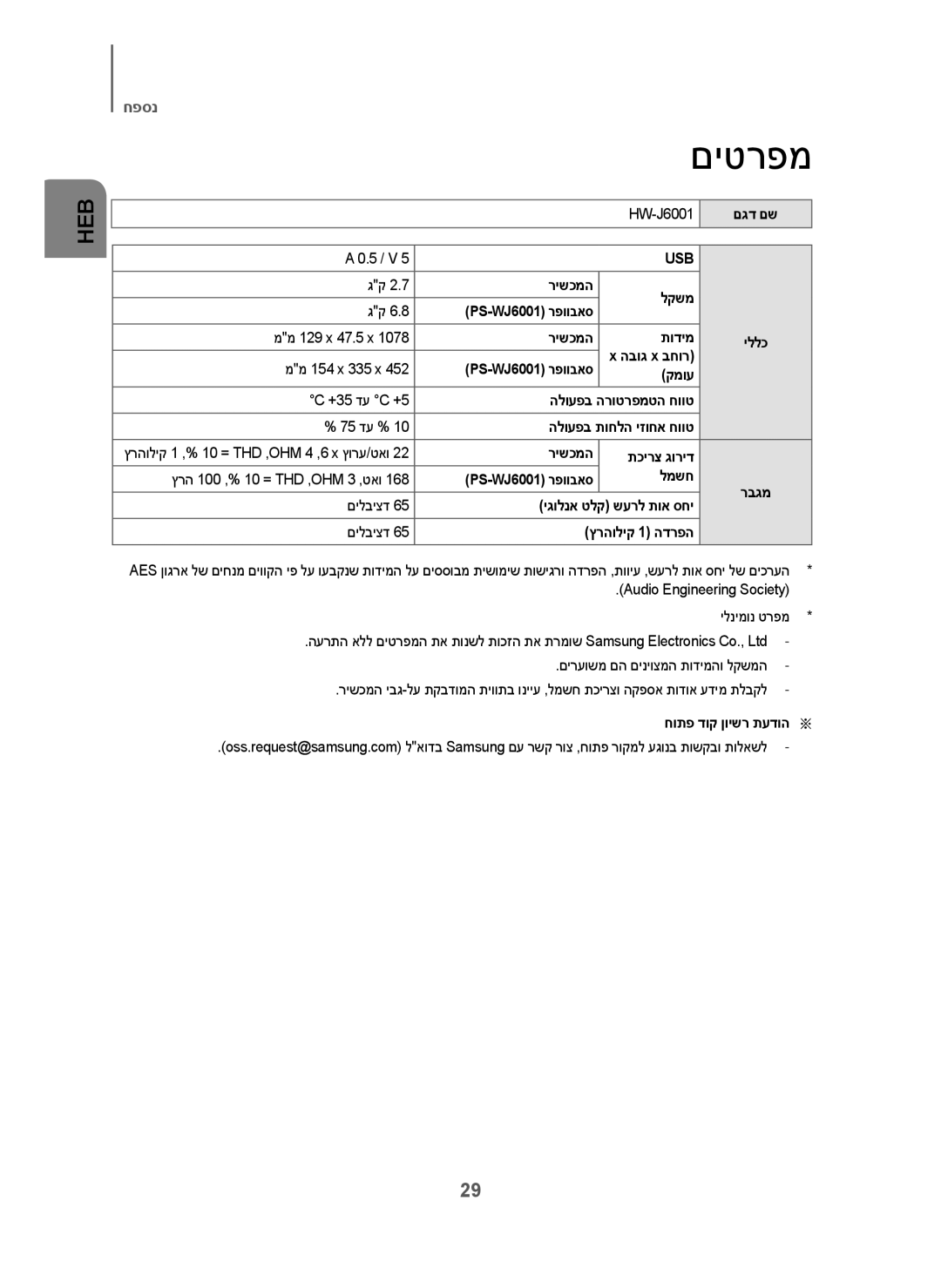 Samsung HW-J6001/SQ םיטרפמ, HW-J6001 םגד םש 5 / V, םילביצד יגולנא טלק שערל תוא סחי ץרהוליק 1 הדרפה, חותפ דוק ןוישר תעדוה 