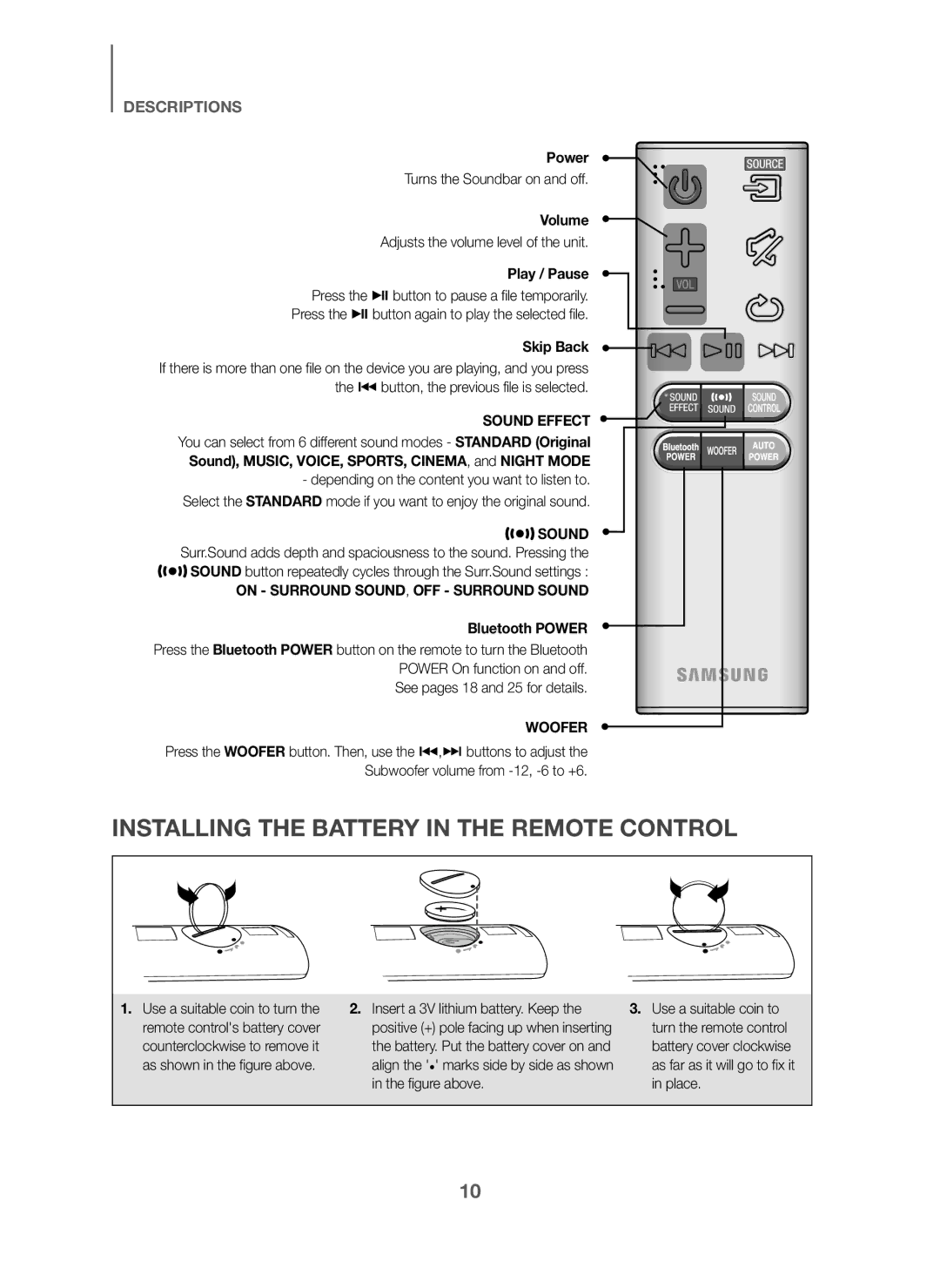 Samsung HW-J6001/EN, HW-J6001/TK, HW-J6000/EN, HW-J6001/ZF, HW-J6000/ZF manual Installing the Battery in the Remote Control 