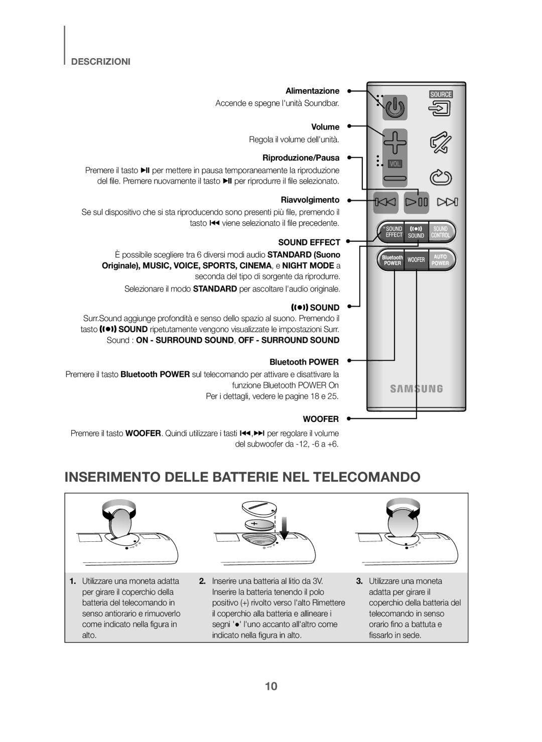 Samsung HW-J6000/ZF manual Inserimento Delle Batterie NEL Telecomando, Alimentazione, Riproduzione/Pausa, Riavvolgimento 