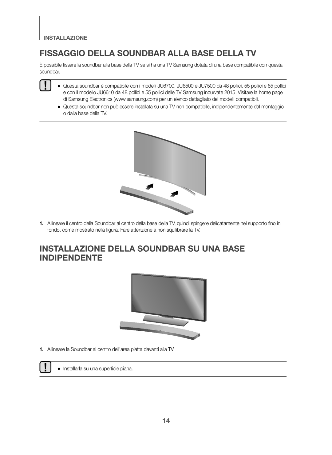 Samsung HW-J6001/TK Fissaggio Della Soundbar Alla Base Della TV, Installazione Della Soundbar SU UNA Base Indipendente 