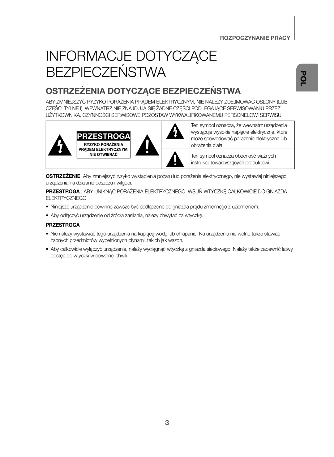 Samsung HW-J6001/ZF, HW-J6001/TK, HW-J6000/EN Informacje Dotyczące Bezpieczeństwa, Ostrzeżenia Dotyczące Bezpieczeństwa 