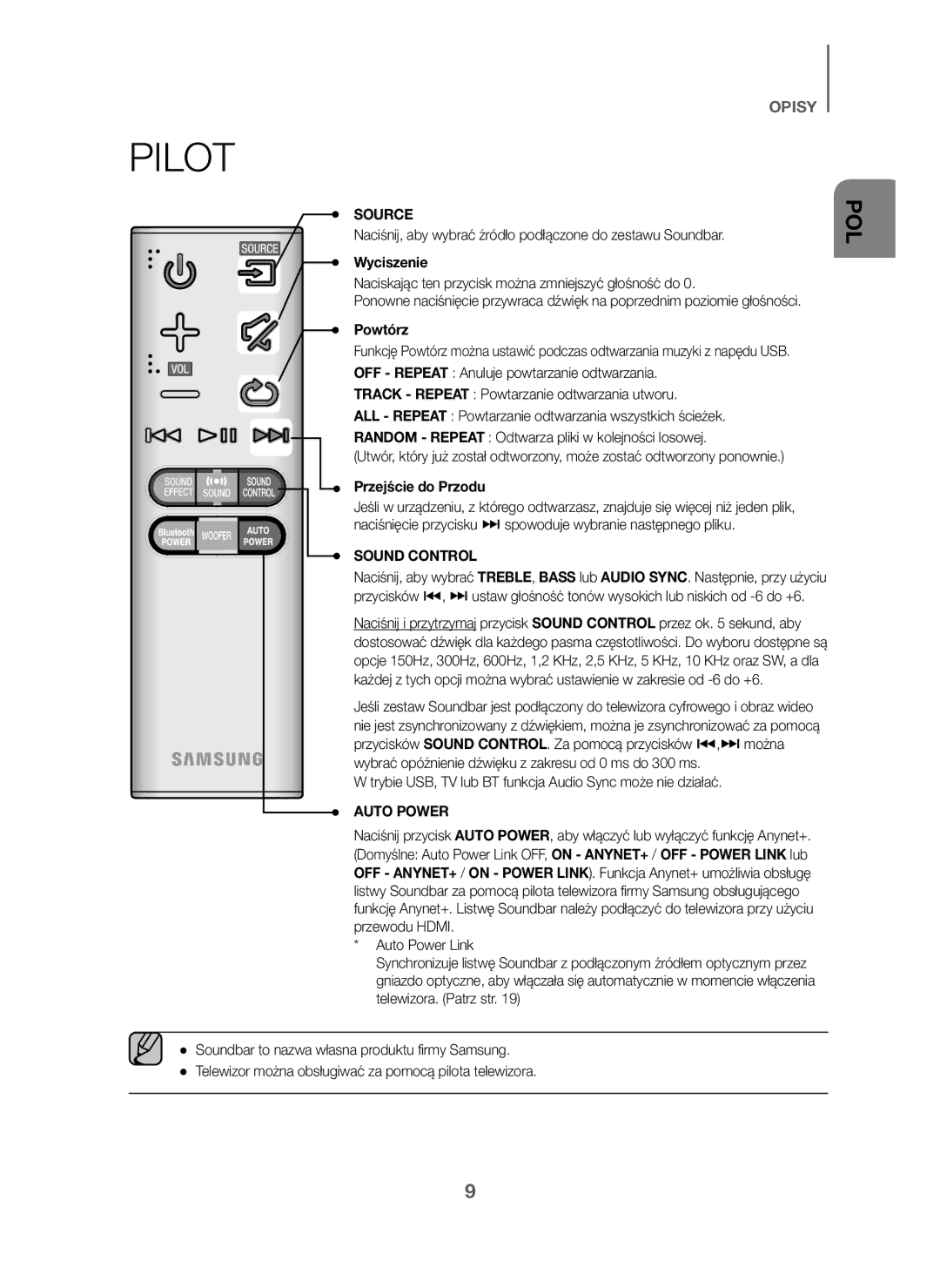 Samsung HW-J6000/EN, HW-J6001/TK, HW-J6001/EN, HW-J6001/ZF, HW-J6000/ZF manual Pilot, Wyciszenie, Powtórz, Przejście do Przodu 