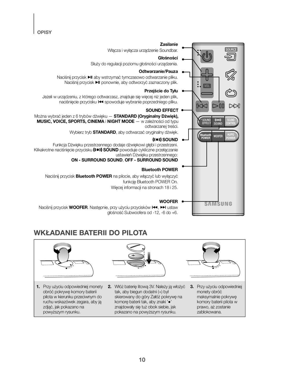 Samsung HW-J6001/EN, HW-J6001/TK Wkładanie Baterii do Pilota, Zasilanie, Głośności, Odtwarzanie/Pauza, Przejście do Tyłu 