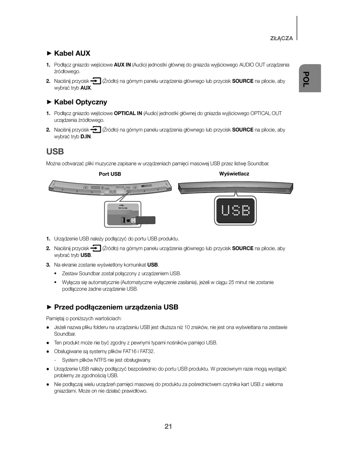 Samsung HW-J6001/XN, HW-J6001/TK, HW-J6000/EN manual + Kabel AUX, + Kabel Optyczny, + Przed podłączeniem urządzenia USB 