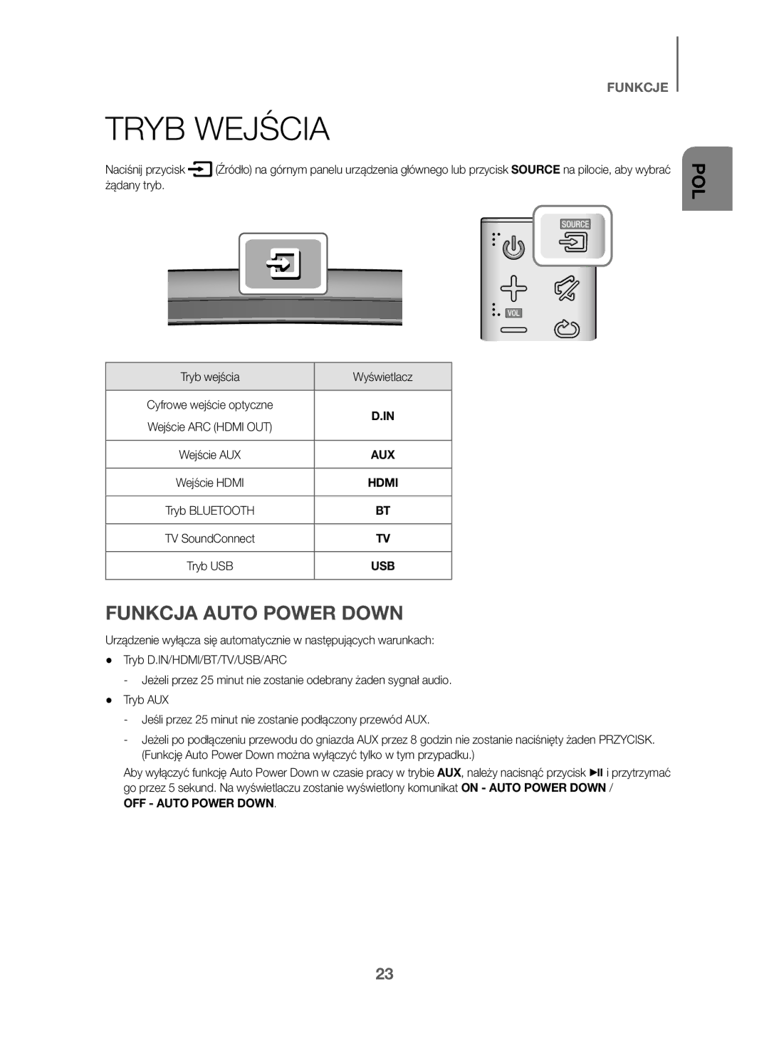 Samsung HW-J6010/XE, HW-J6001/TK, HW-J6000/EN, HW-J6001/EN, HW-J6001/ZF, HW-J6000/ZF Tryb Wejścia, Funkcja Auto Power Down 