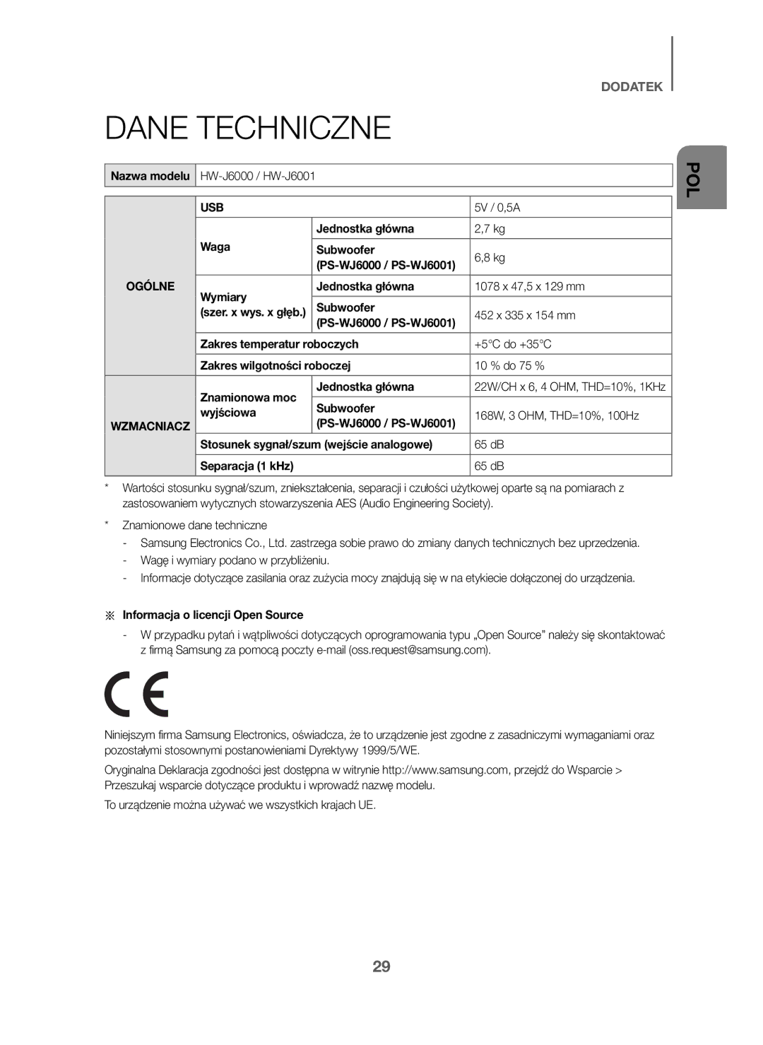 Samsung HW-J6001/XN, HW-J6001/TK, HW-J6000/EN, HW-J6001/EN, HW-J6001/ZF, HW-J6000/ZF, HW-J6011/XE, HW-J6010/XE Dane Techniczne 