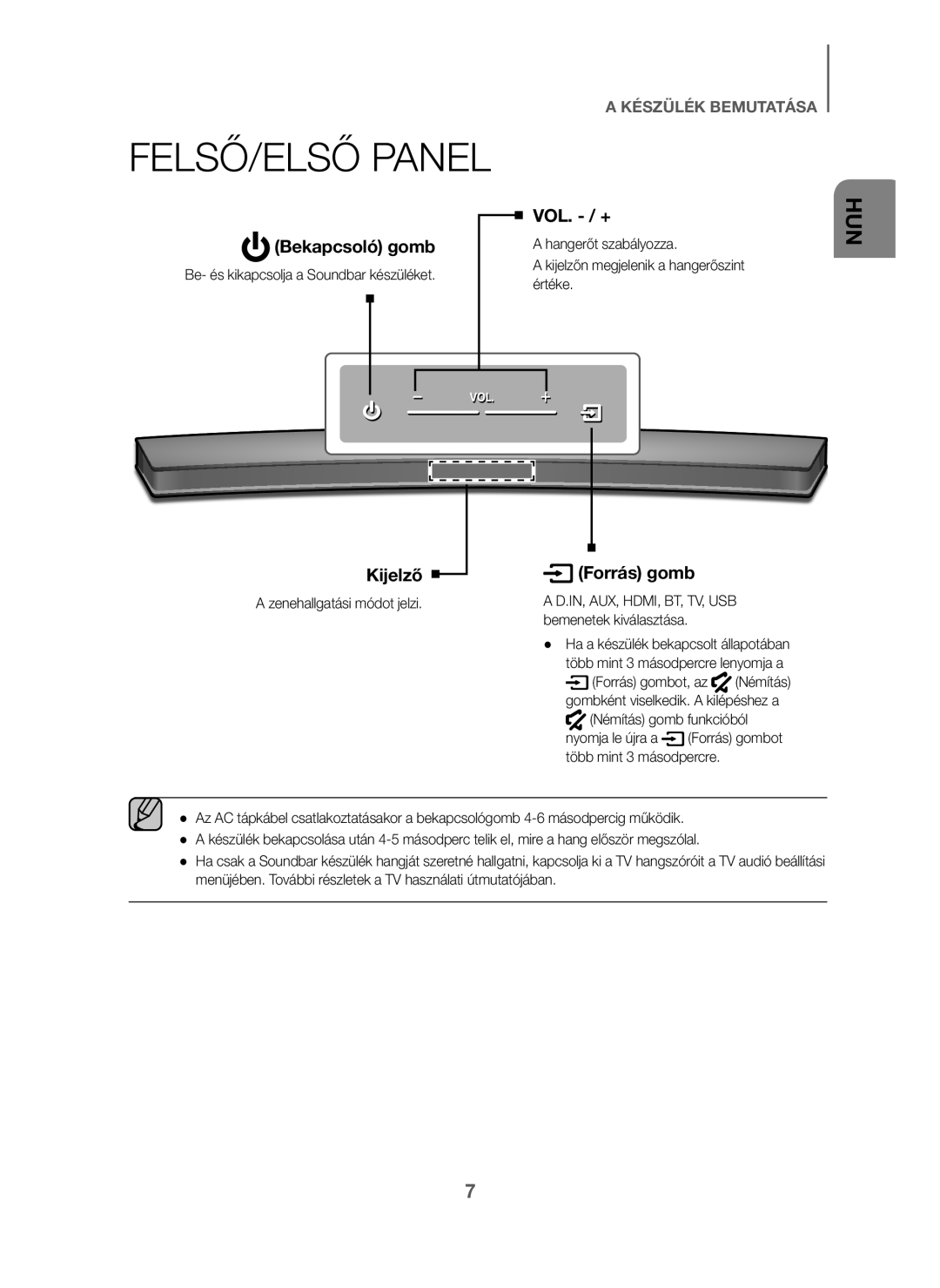 Samsung HW-J6001/XN, HW-J6001/TK, HW-J6000/EN, HW-J6001/EN, HW-J6001/ZF, HW-J6000/ZF manual Bekapcsoló gomb, Kijelző Forrás gomb 