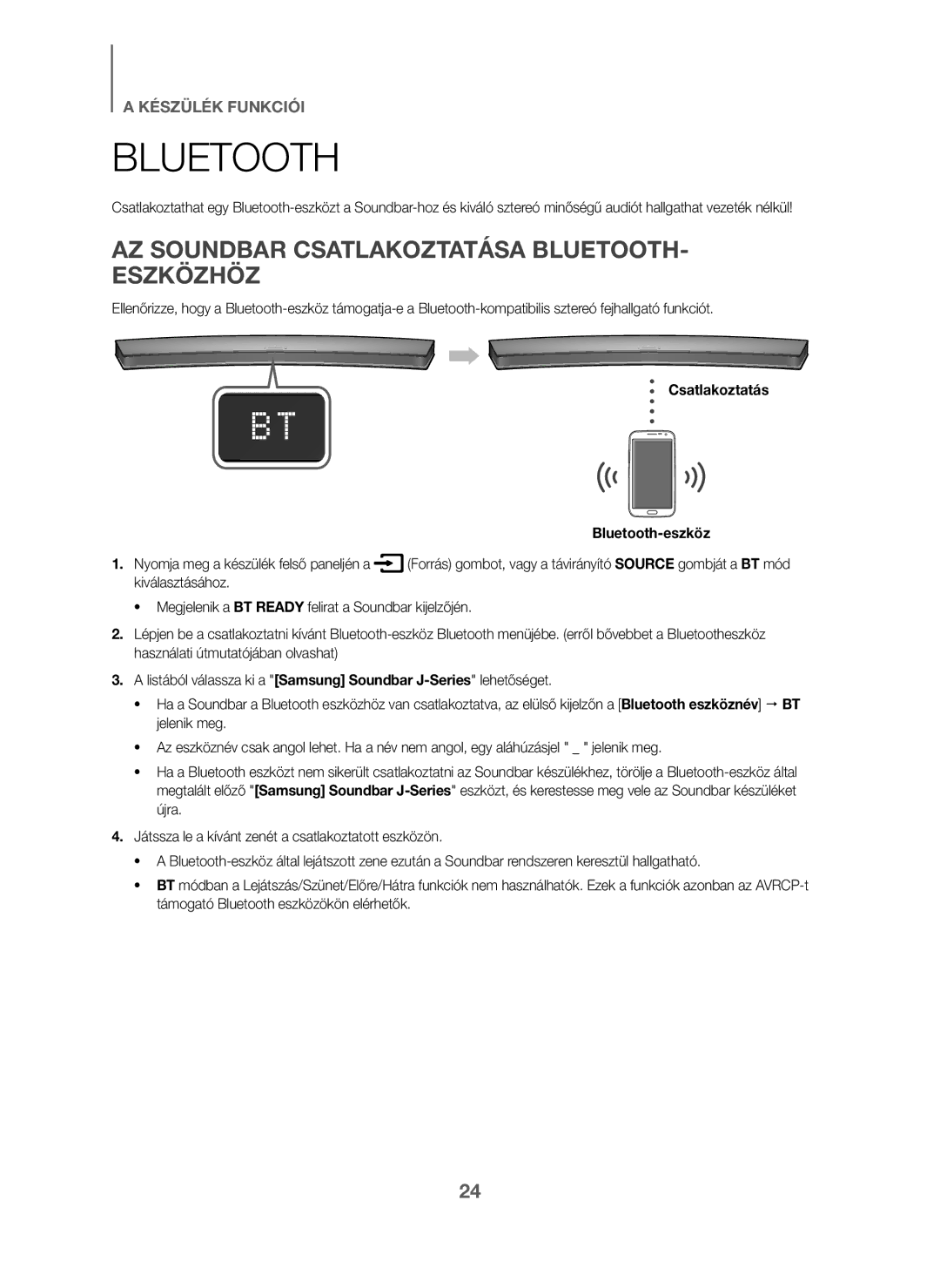 Samsung HW-J6011/XE, HW-J6001/TK manual AZ Soundbar Csatlakoztatása BLUETOOTH- Eszközhöz, Csatlakoztatás Bluetooth-eszköz 