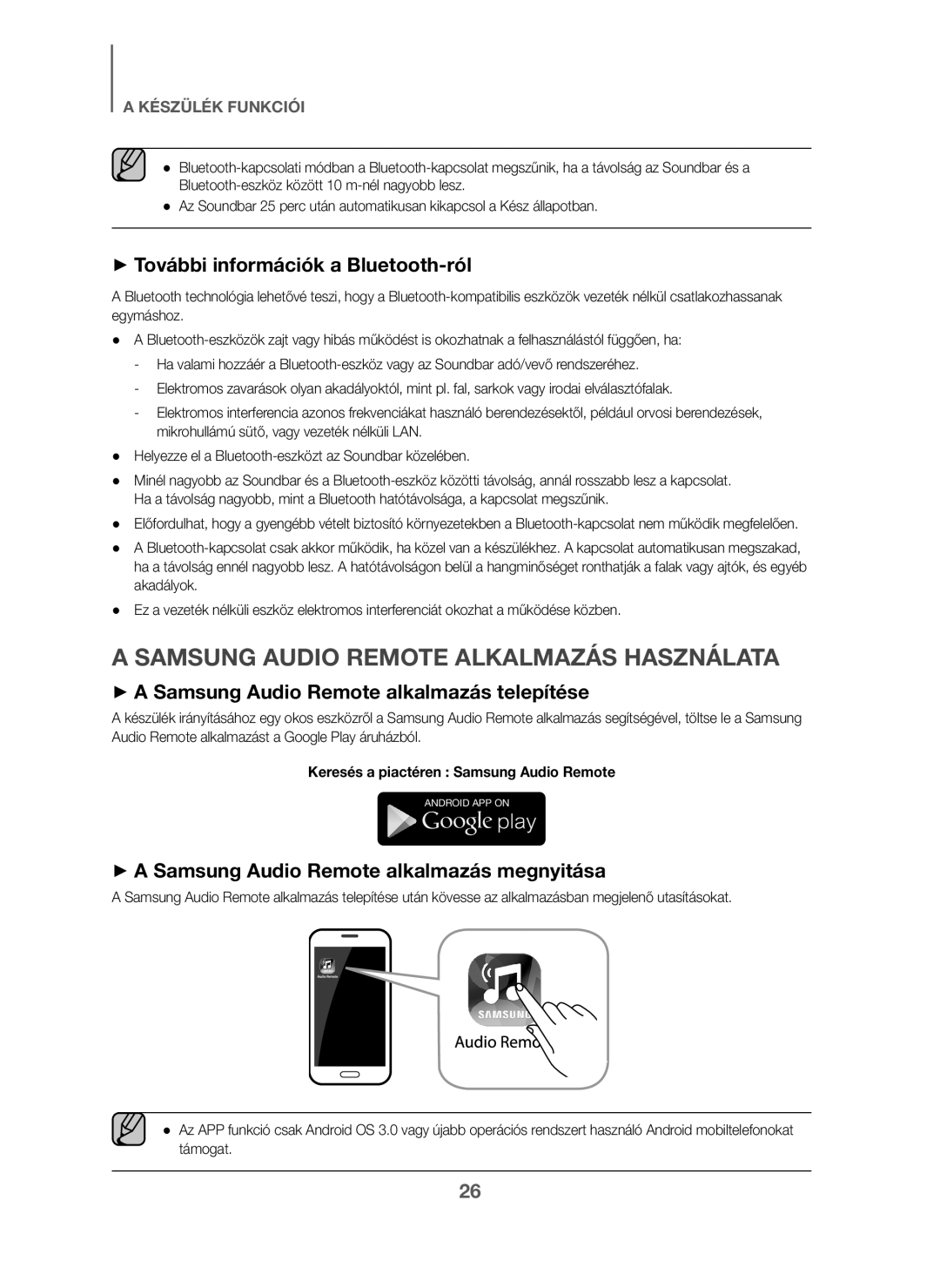 Samsung HW-J6001/TK, HW-J6000/EN manual Samsung Audio Remote Alkalmazás Használata, + További információk a Bluetooth-ról 