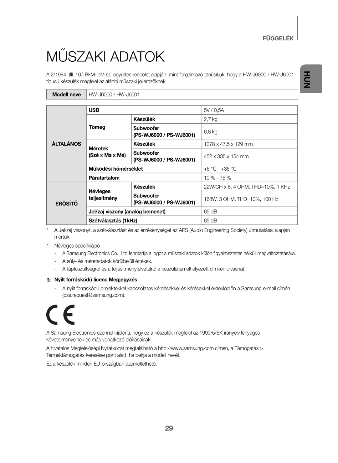 Samsung HW-J6001/ZF manual Műszaki Adatok, Tömeg Készülék Subwoofer, Névleges Készülék, Nyílt forráskódú licenc Megjegyzés 