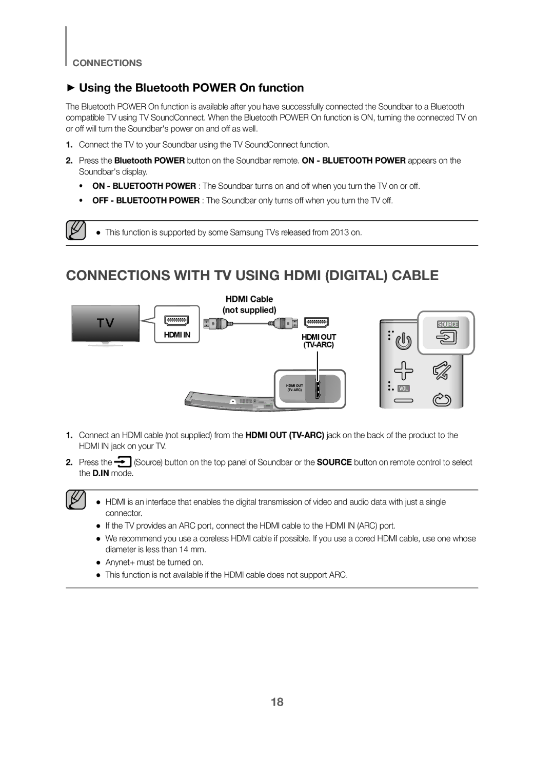 Samsung HW-J6001/EN, HW-J6001/TK Connections with TV Using Hdmi Digital Cable, + Using the Bluetooth Power On function 