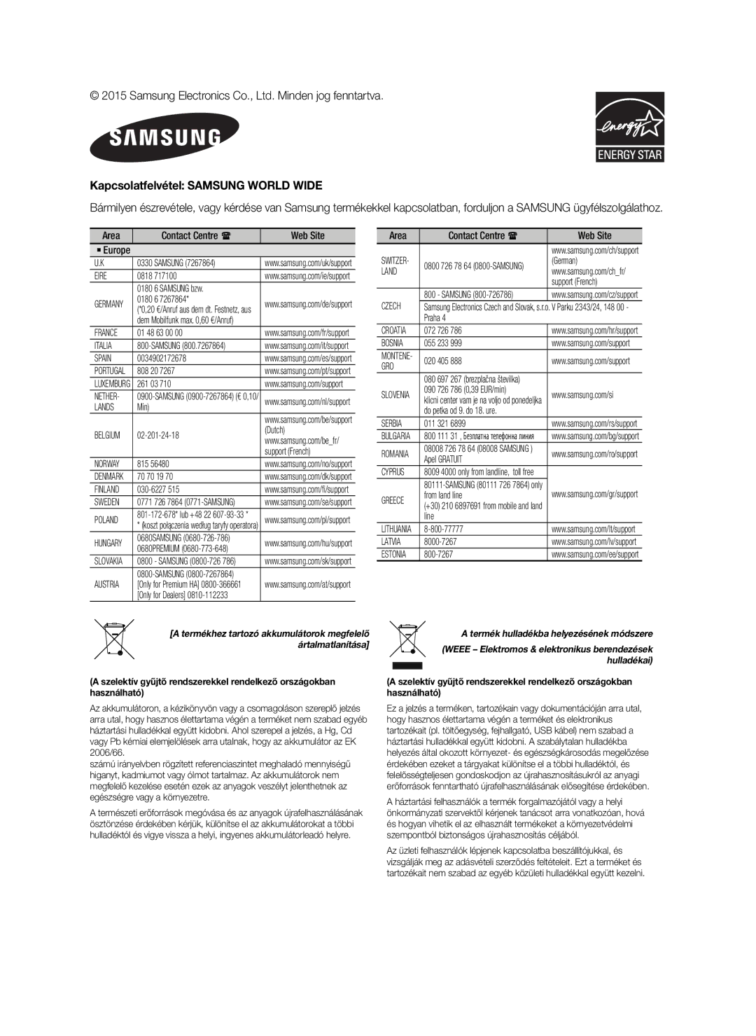 Samsung HW-J6000/ZF, HW-J6001/TK, HW-J6000/EN Kapcsolatfelvétel Samsung World Wide, Termék hulladékba helyezésének módszere 