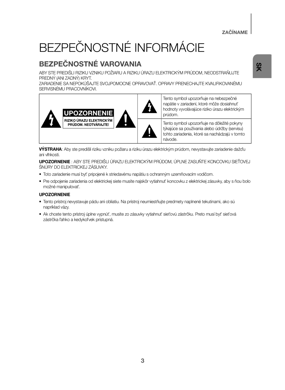 Samsung HW-J6010/XE, HW-J6001/TK, HW-J6000/EN, HW-J6001/EN, HW-J6001/ZF manual Bezpečnostné Informácie, Bezpečnostné Varovania 