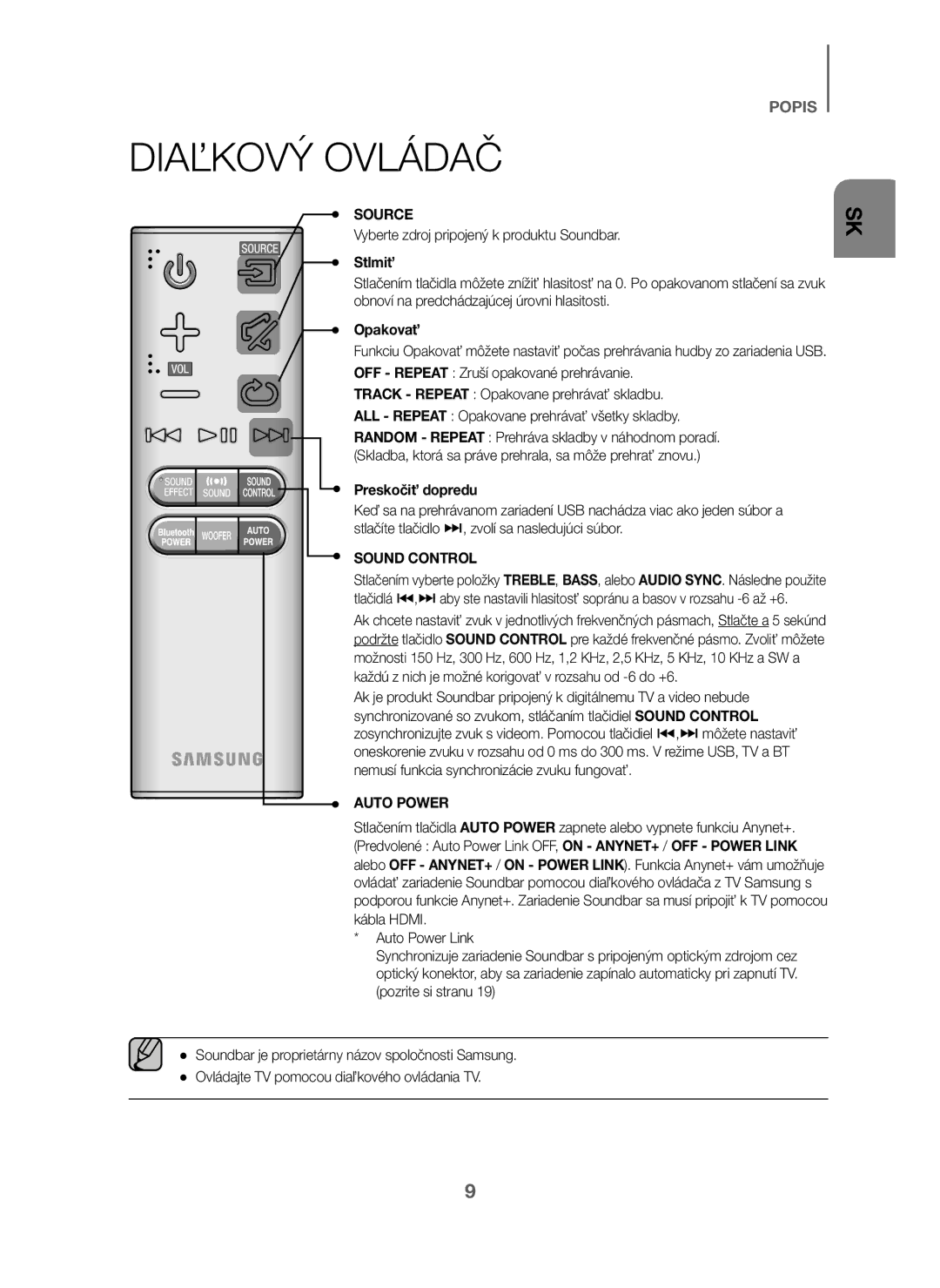 Samsung HW-J6001/XN Diaľkový Ovládač, Vyberte zdroj pripojený k produktu Soundbar, Stlmiť, Opakovať, Preskočiť dopredu 