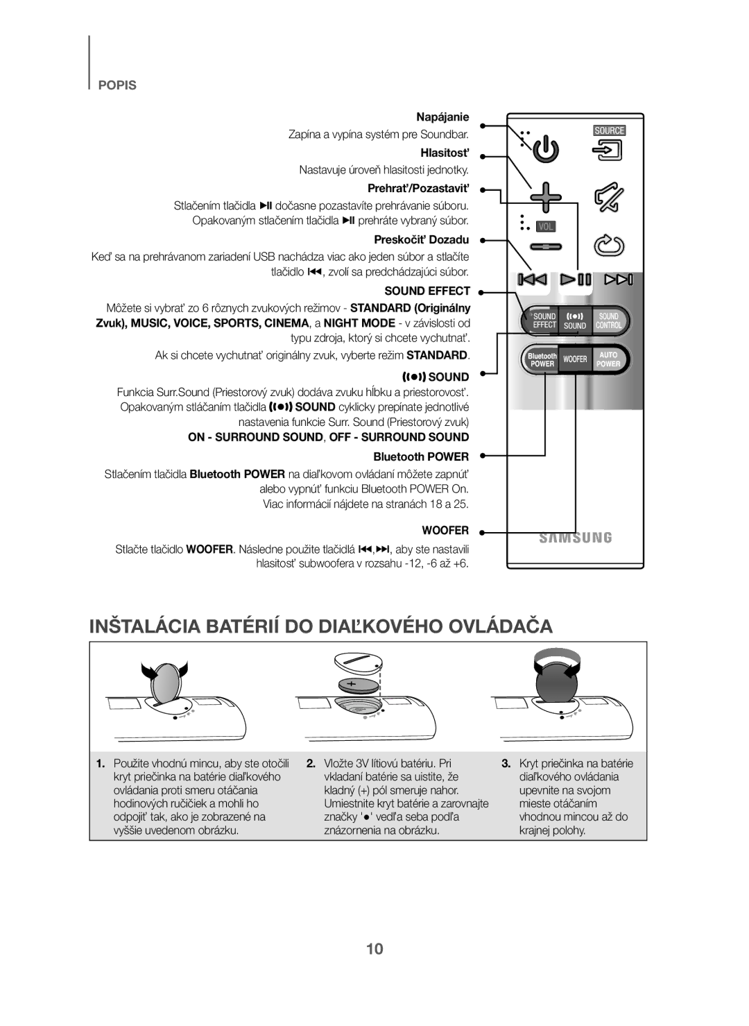 Samsung HW-J6011/XE Inštalácia Batérií do Diaľkového Ovládača, Napájanie, Hlasitosť, Prehrať/Pozastaviť, Preskočiť Dozadu 