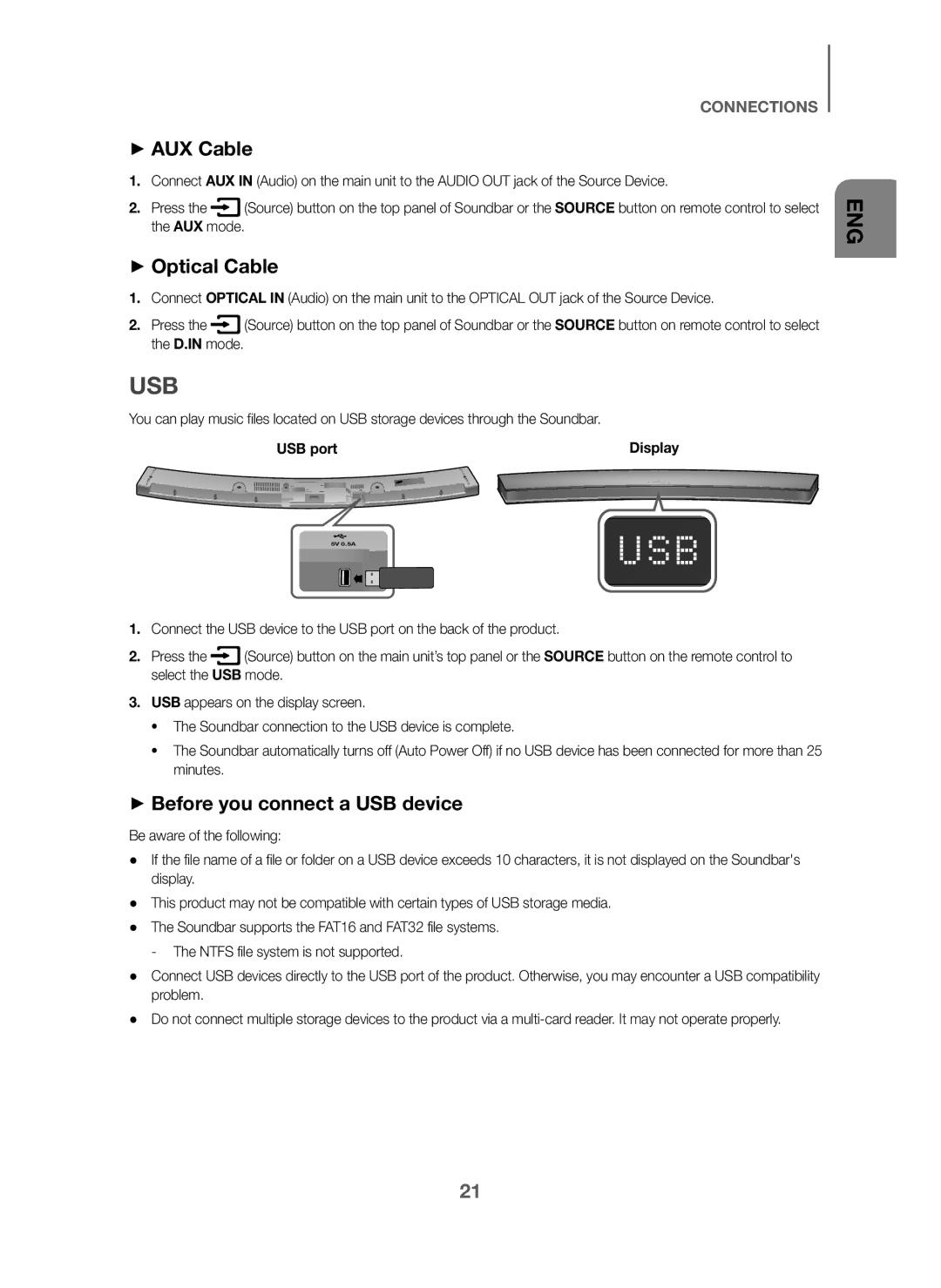 Samsung HW-J6001/XN, HW-J6001/TK manual Usb, + AUX Cable, + Optical Cable, + Before you connect a USB device, USB port 