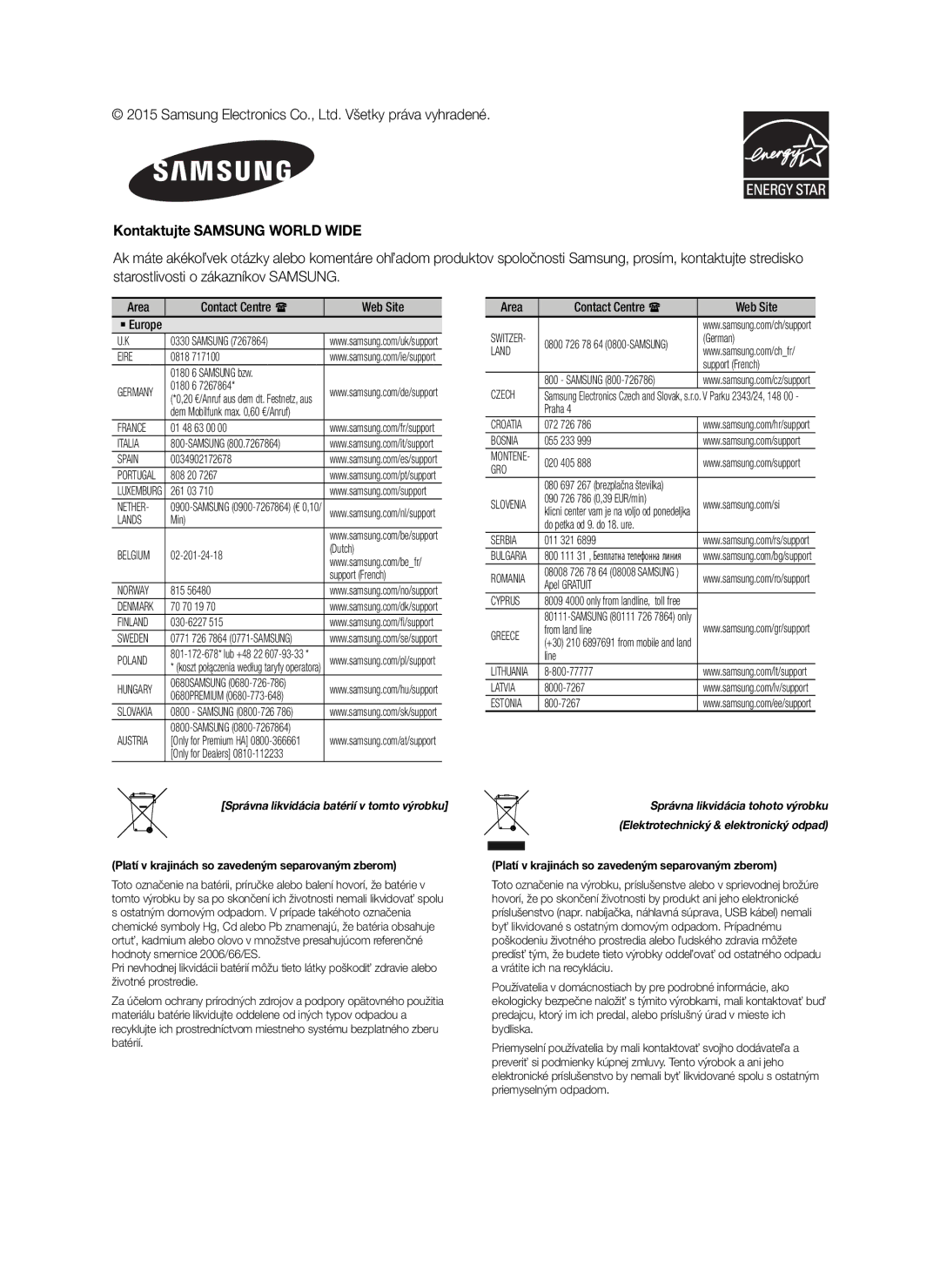 Samsung HW-J6001/EN, HW-J6001/TK manual Kontaktujte Samsung World Wide, Platí v krajinách so zavedeným separovaným zberom 