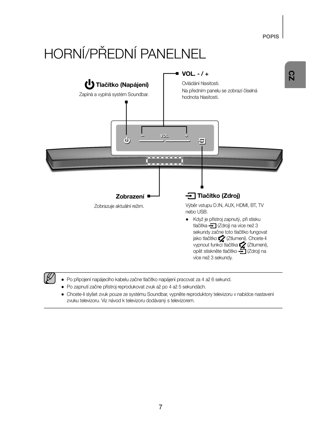 Samsung HW-J6000/EN manual HORNÍ/PŘEDNÍ Panelnel, Tlačítko Napájení VOL. / +, Zobrazení Tlačítko Zdroj, Ovládání hlasitosti 