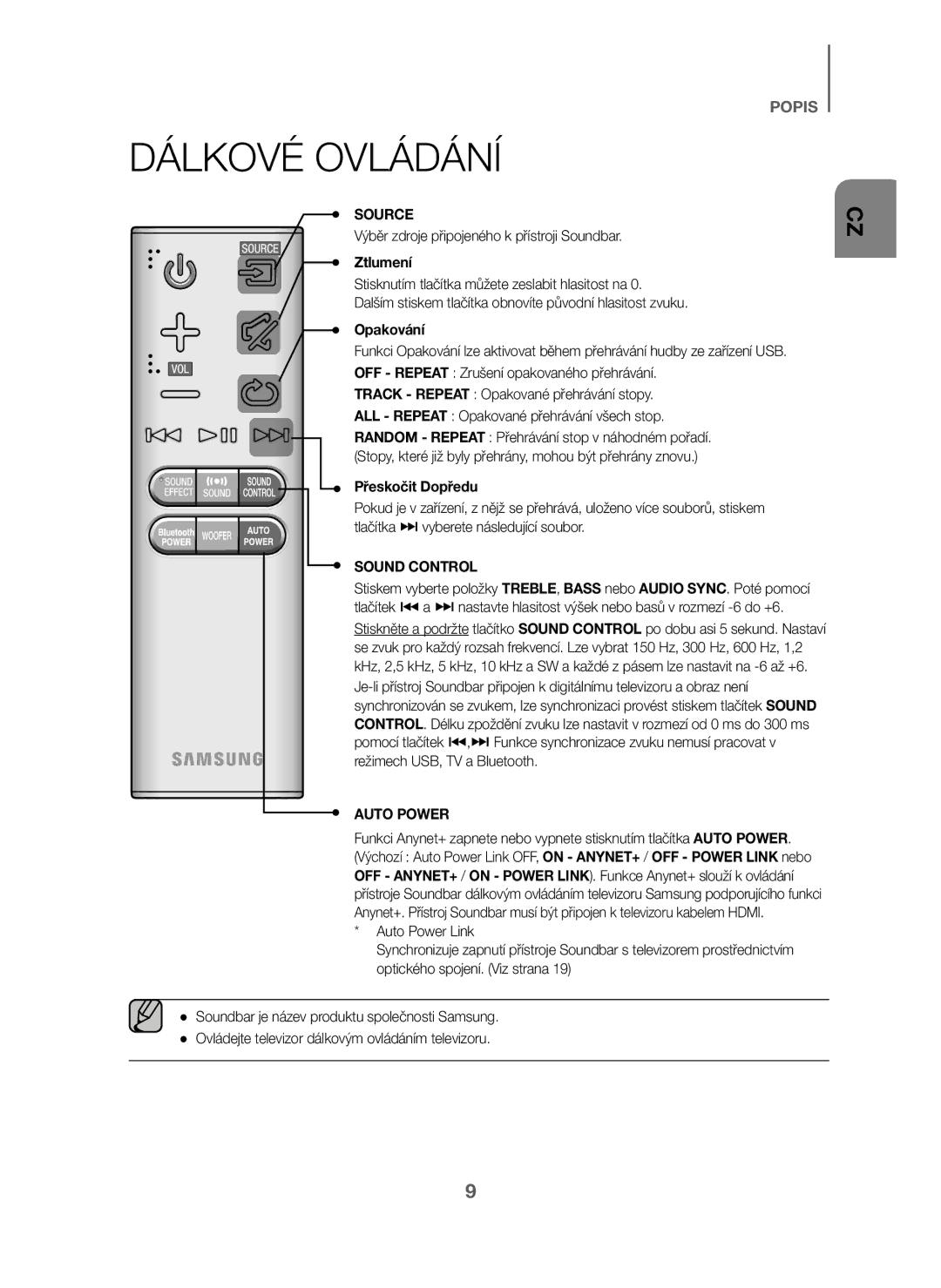 Samsung HW-J6001/ZF, HW-J6001/TK manual Dálkové Ovládání, Výběr zdroje připojeného k přístroji Soundbar, Ztlumení, Opakování 