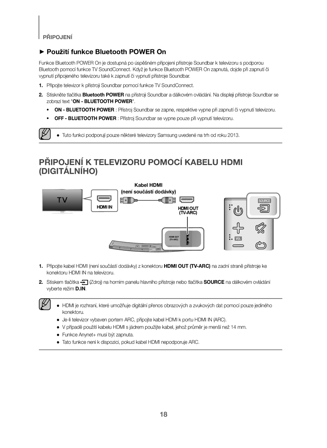 Samsung HW-J6000/ZF manual Připojení K Televizoru Pomocí Kabelu Hdmi Digitálního, + Použití funkce Bluetooth Power On 